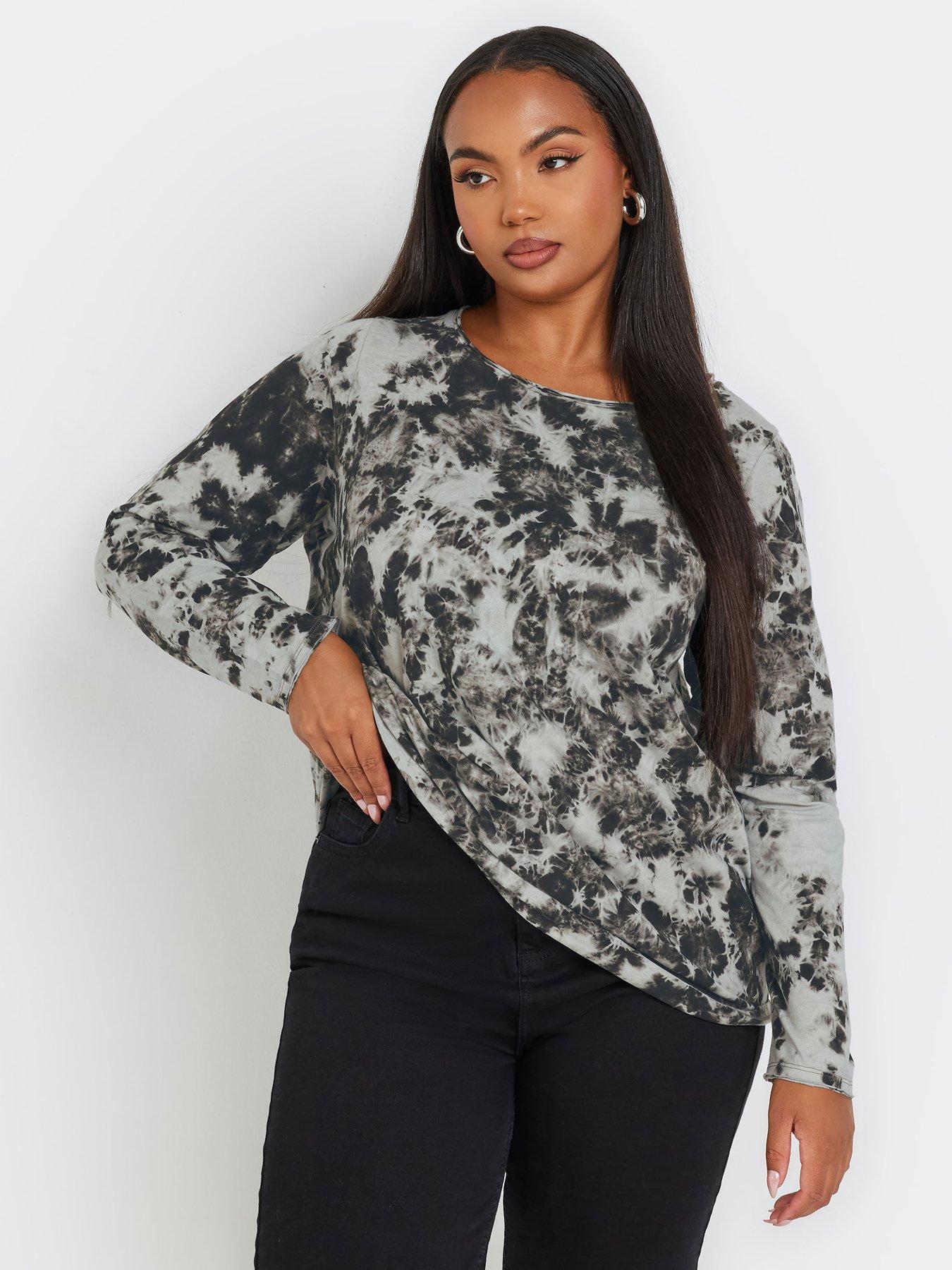 Image of Yours Curve Log Sleeve Acid Wash T-Shirt - Grey