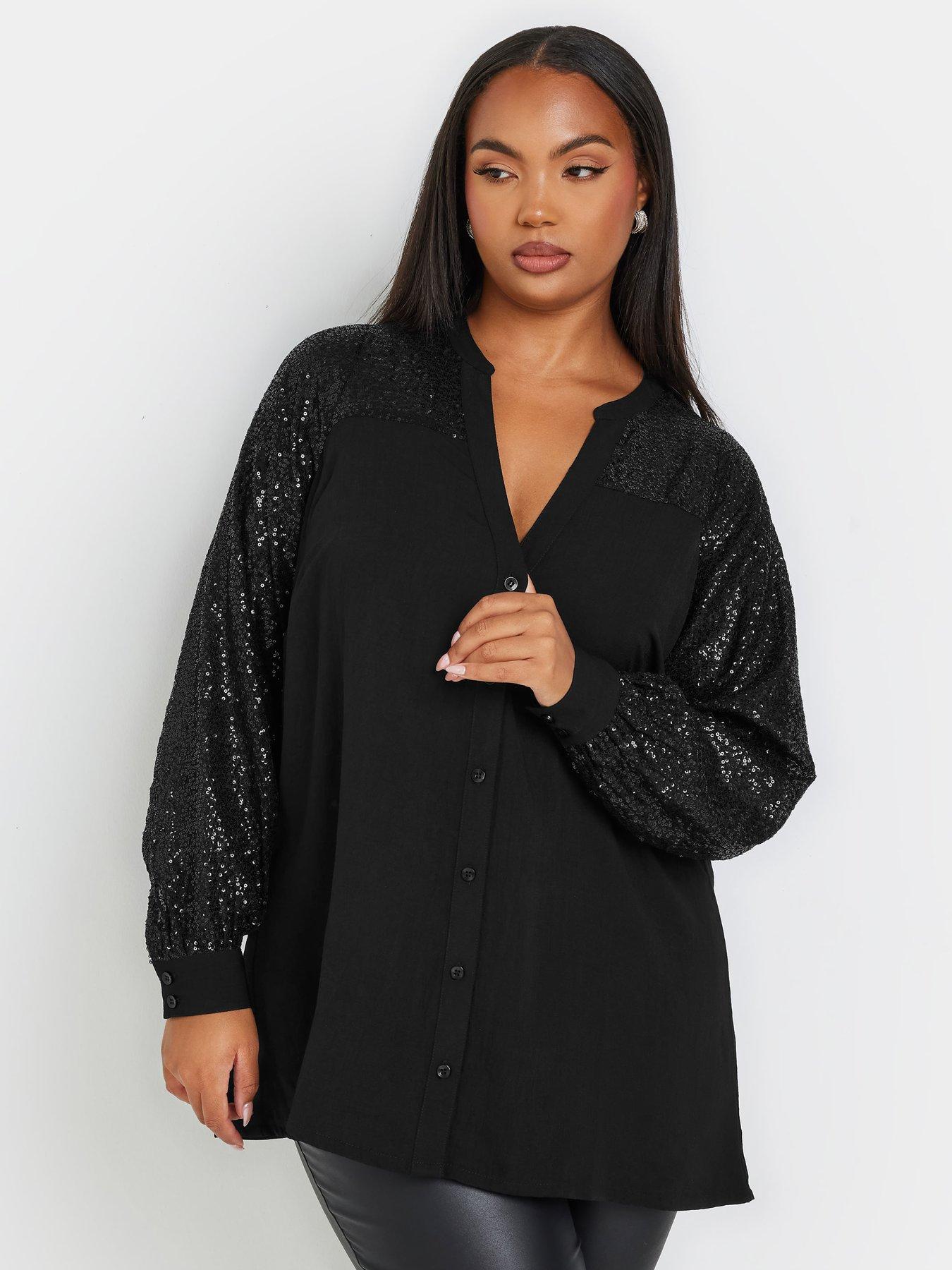 yours-curve-sequin-sleeve-notchneck-blouse-blackfront