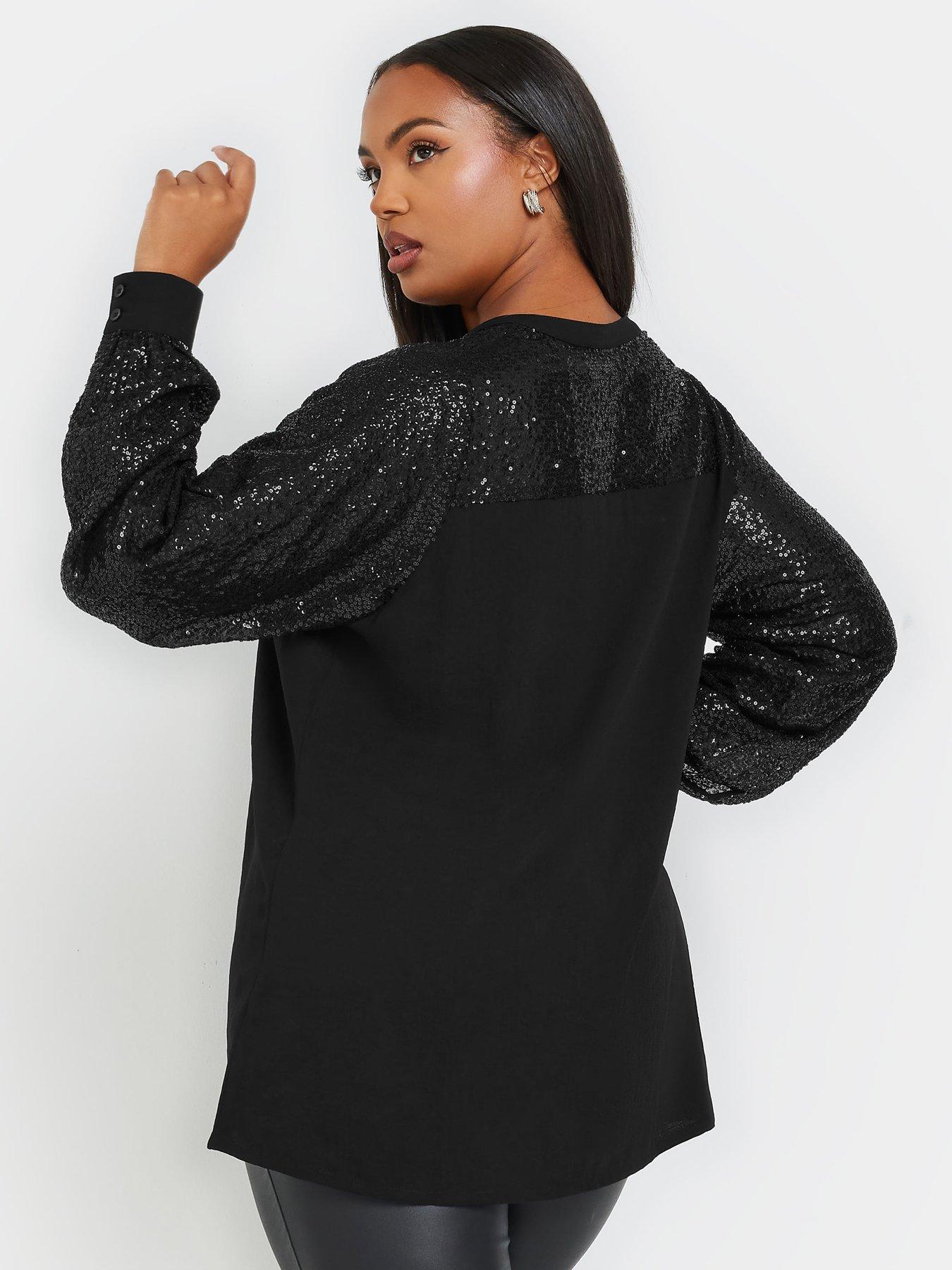 yours-curve-sequin-sleeve-notchneck-blouse-blackstillFront