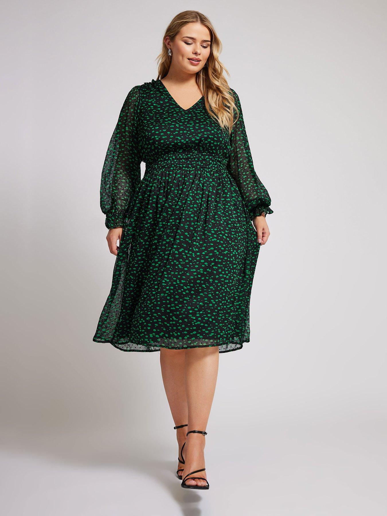 yours-curve-dobby-shirred-waist-dress-blackgreenfront