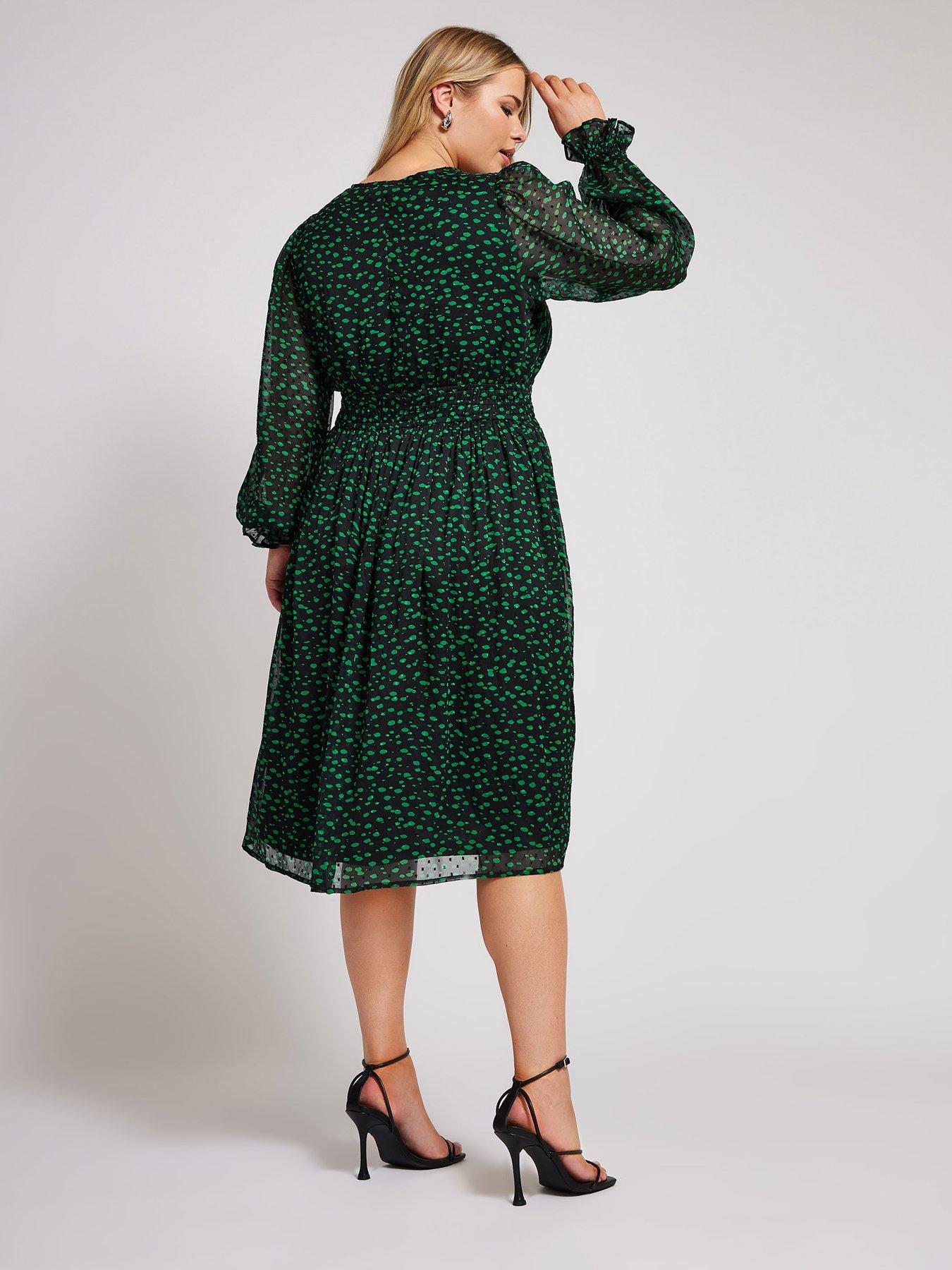 yours-curve-dobby-shirred-waist-dress-blackgreenstillFront