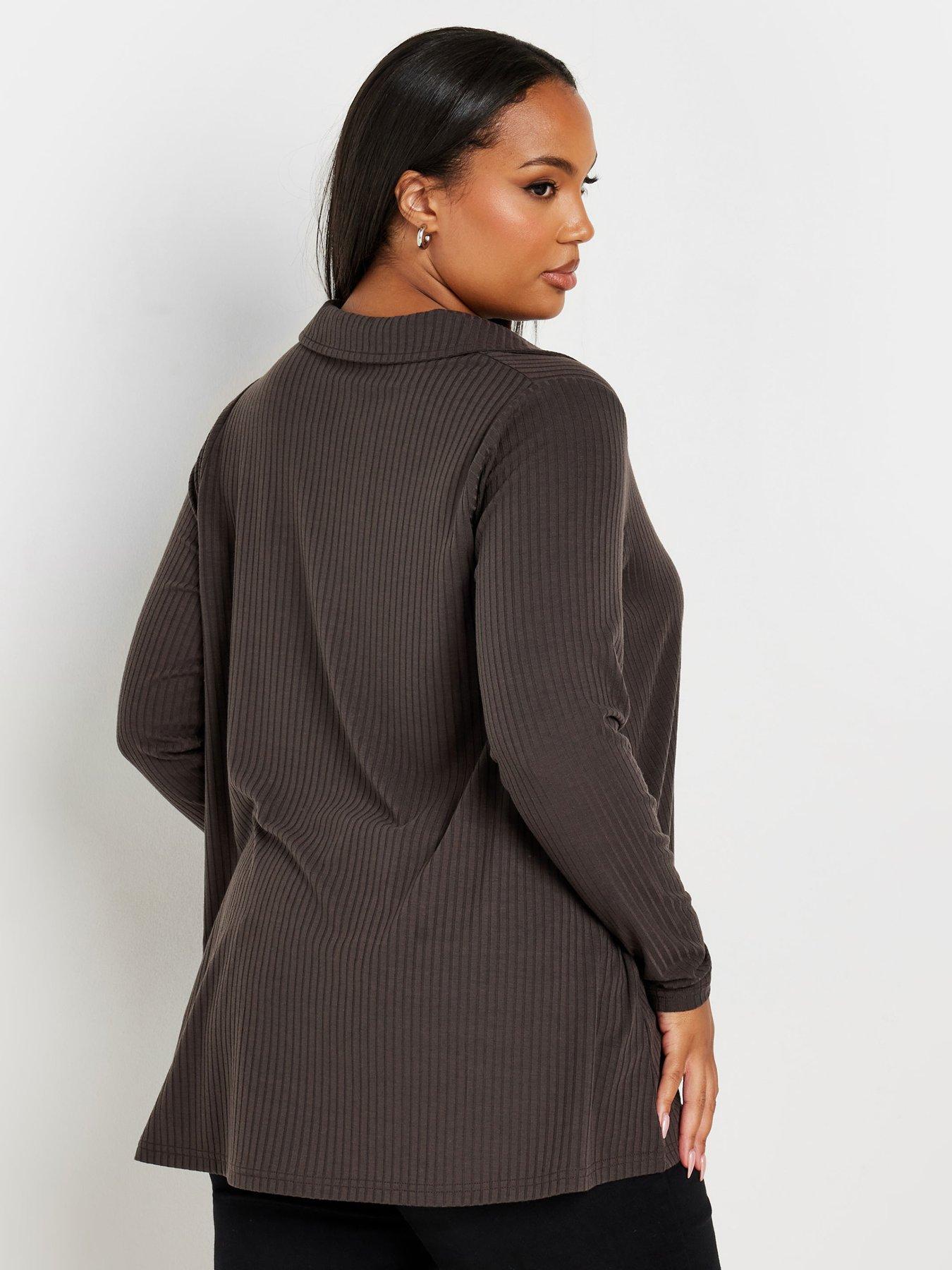 yours-curve-collar-rib-button-front-top-brownstillFront