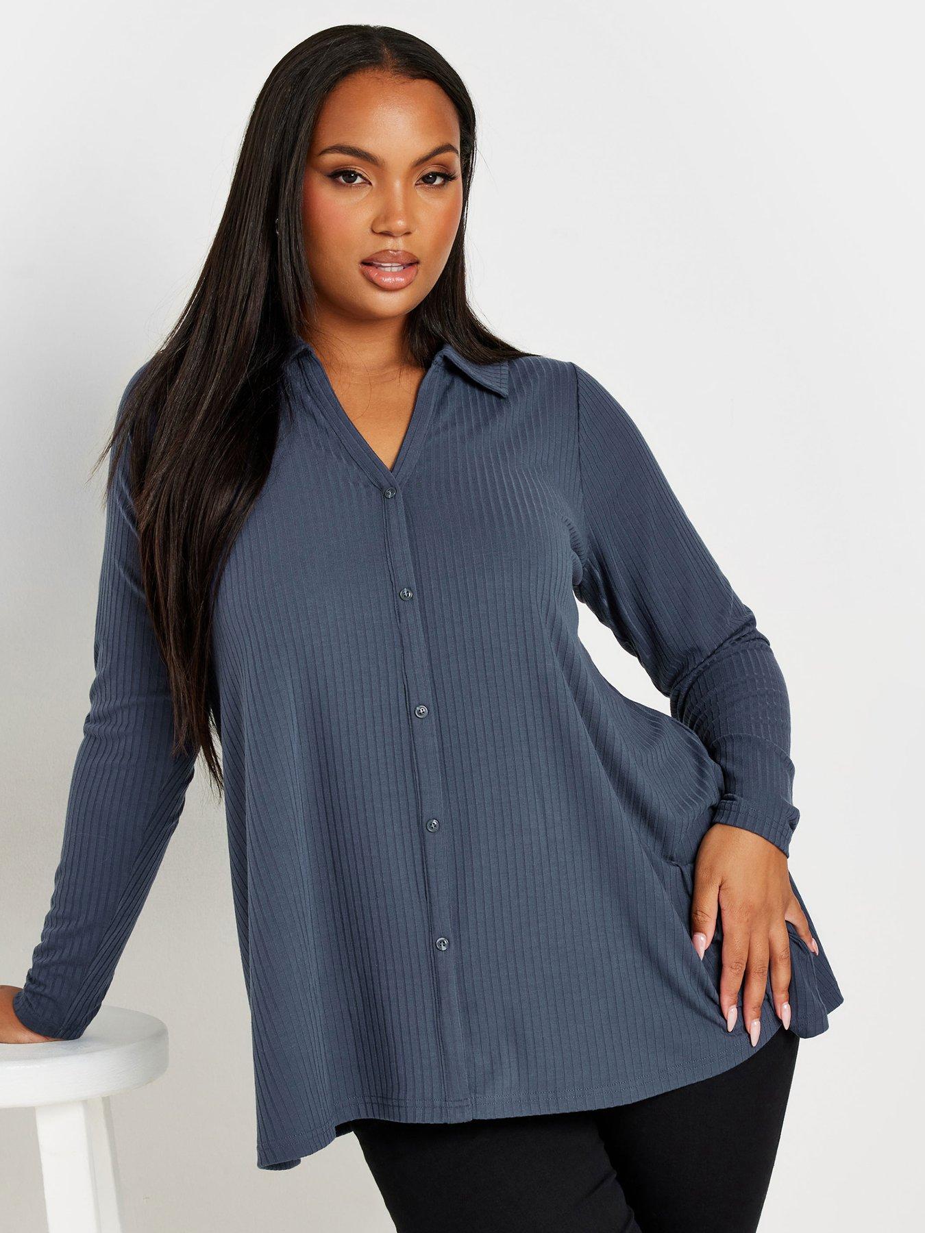 Image 1 of 4 of Yours Curve Collar Rib Button Front Top - Grey