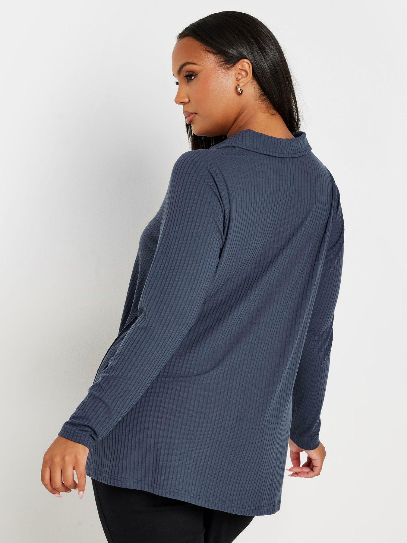 Image 2 of 4 of Yours Curve Collar Rib Button Front Top - Grey
