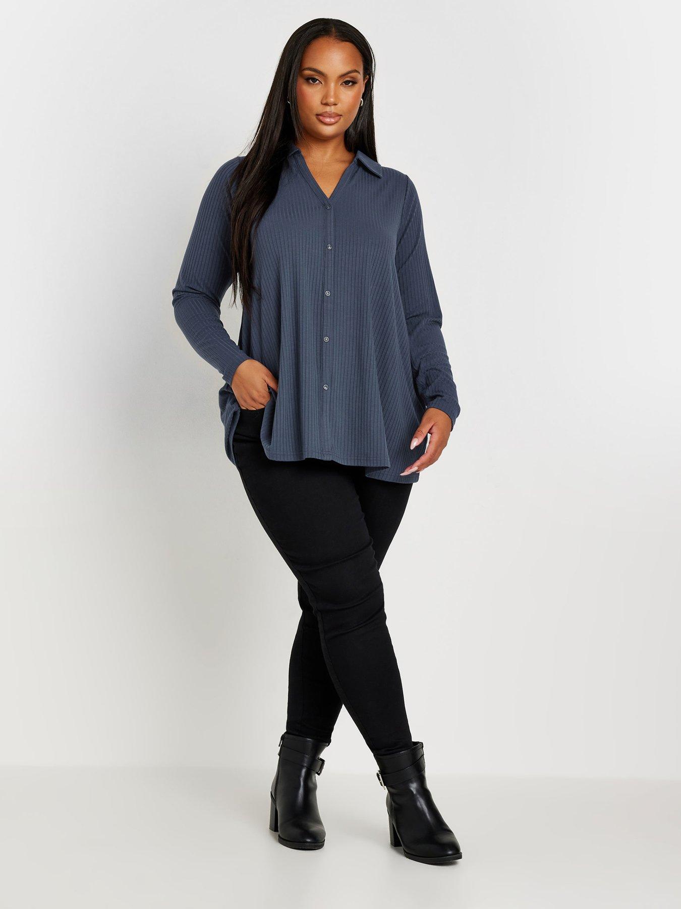 Image 3 of 4 of Yours Curve Collar Rib Button Front Top - Grey