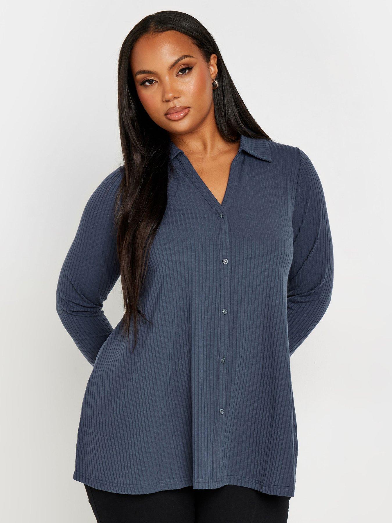 Image 4 of 4 of Yours Curve Collar Rib Button Front Top - Grey