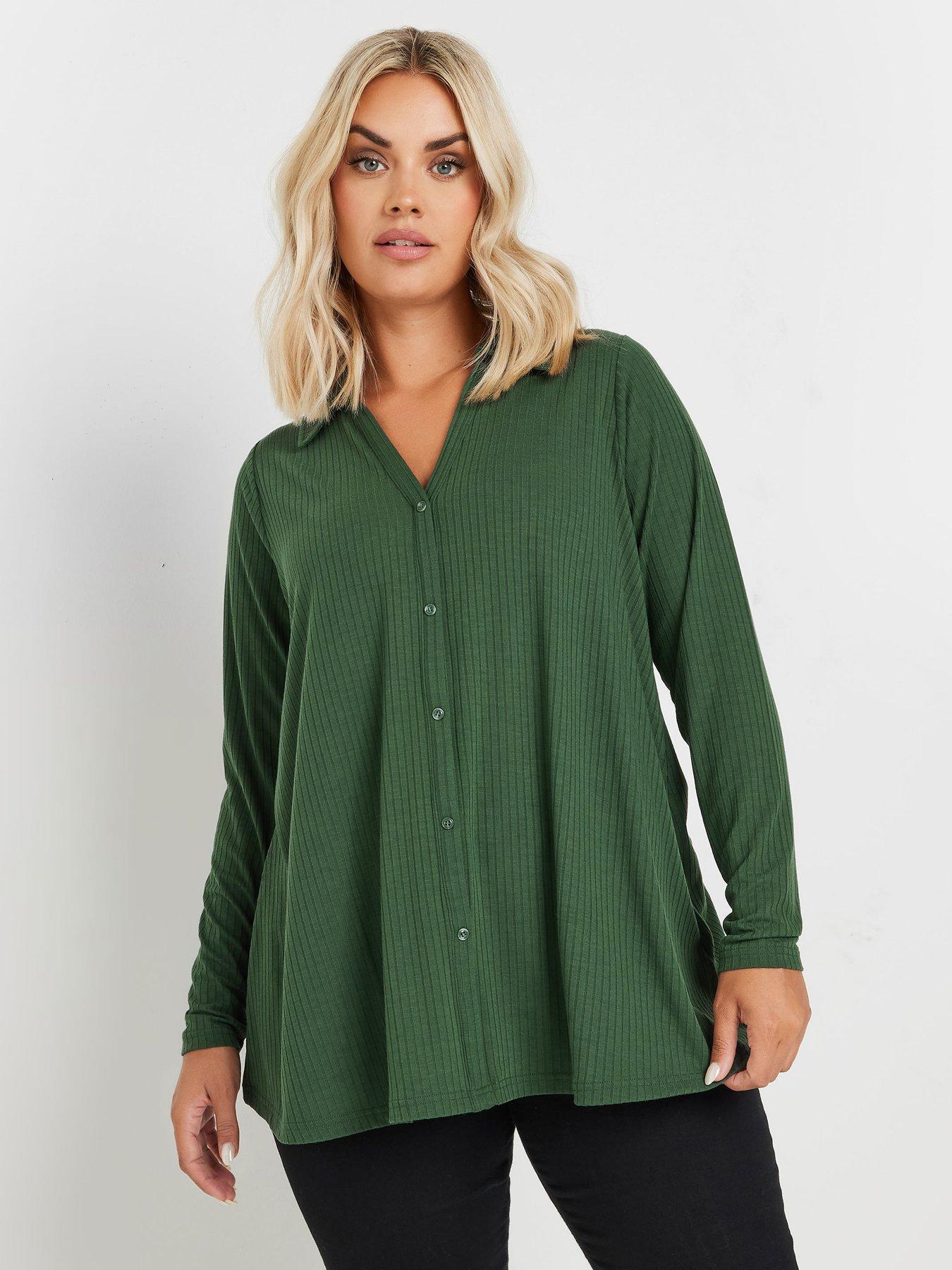 Image of Yours Curve Collar Rib Button Front Top - Green