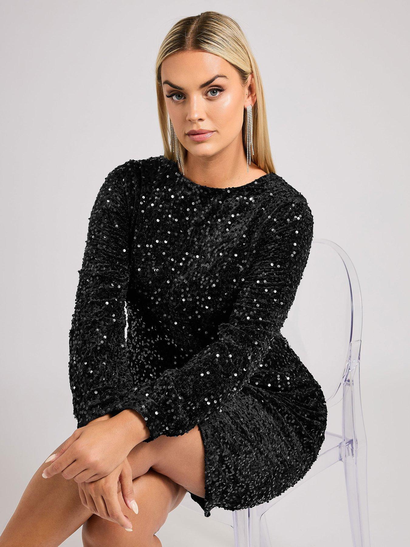 Yours Curve Sequin Velvet Long Sleeve Shift Dress - Black