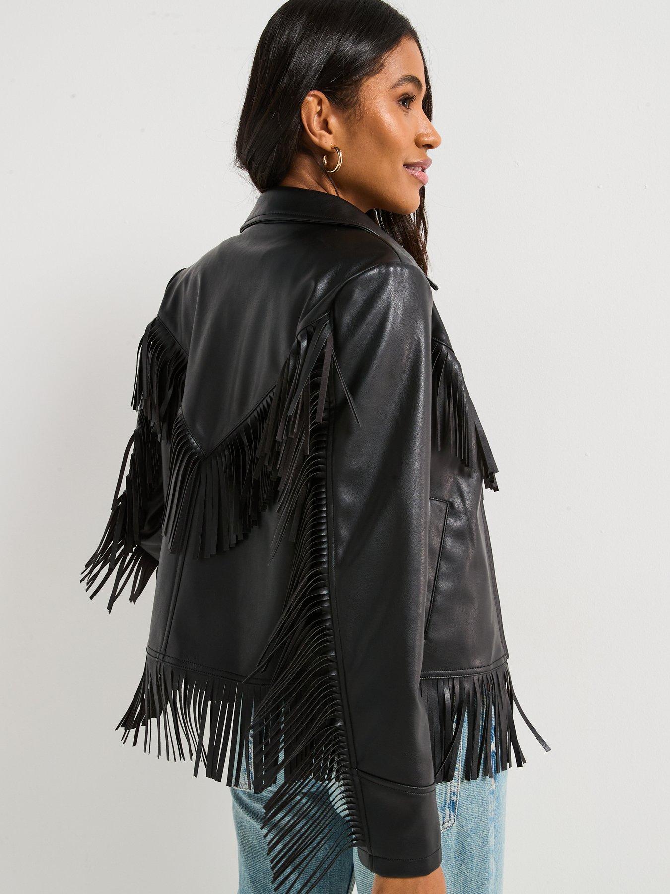 V by Very Faux Leather Fringe Biker Jacket Black Very Ireland