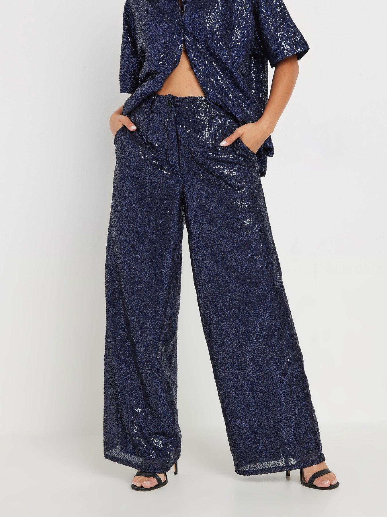 PixieGirl Petite Sequin Wide Leg Trousers - Blue