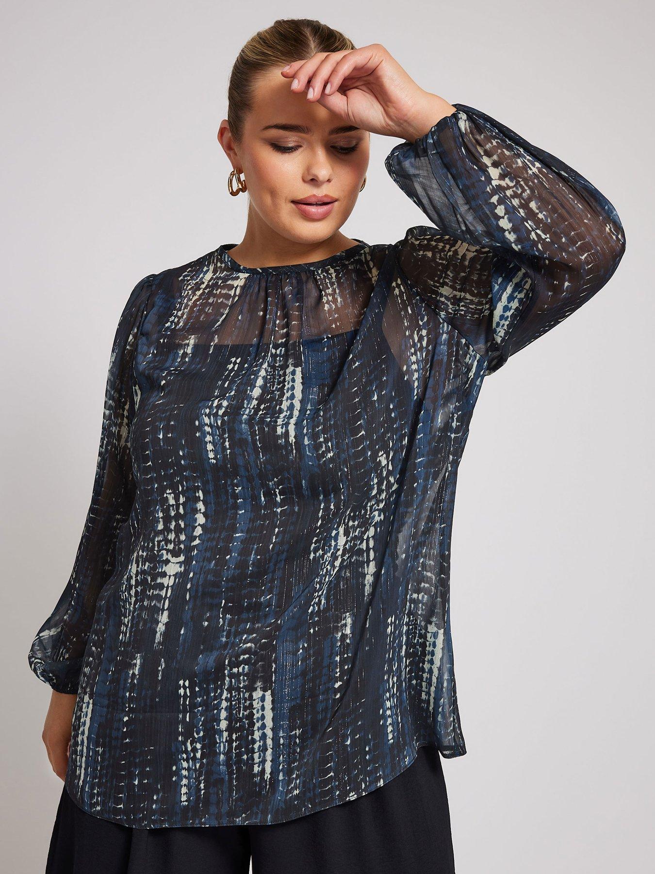 yours-curve-metallic-bellow-sleeve-blouse-bluefront