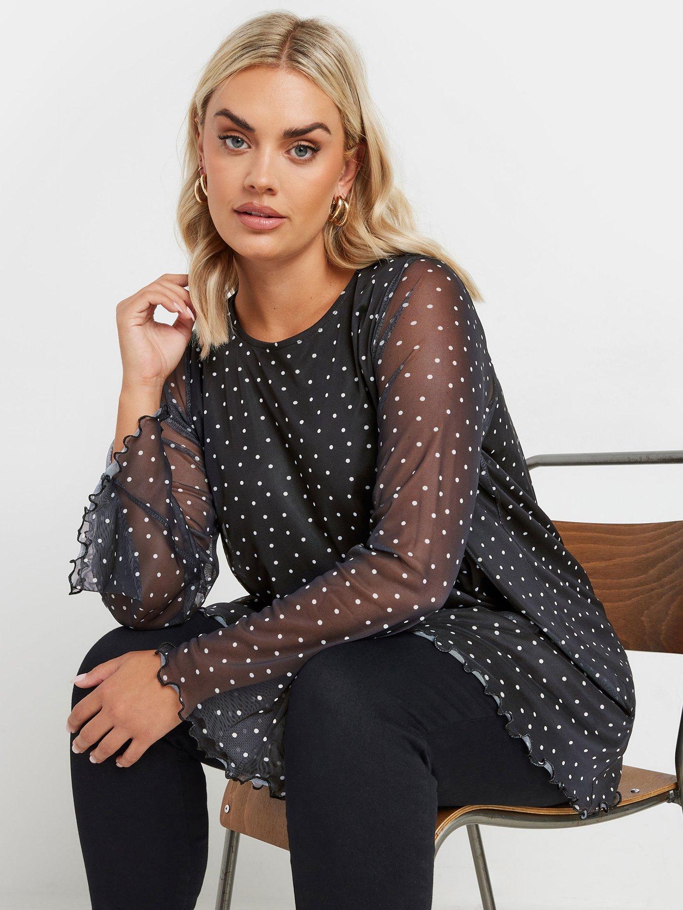 yours-curve-mesh-flute-sleeve-polka-dot-top-black