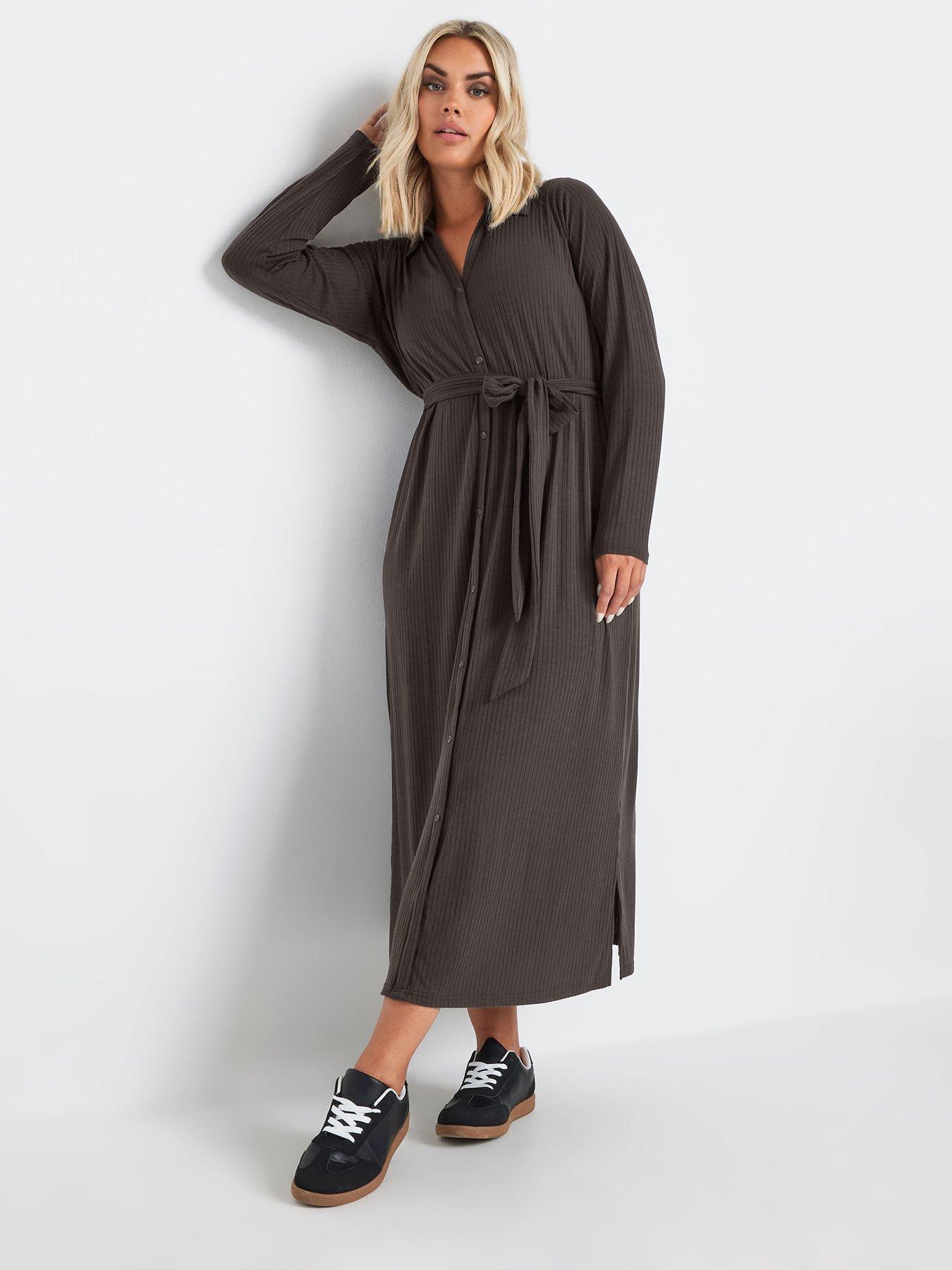 yours-curve-rib-button-front-a-line-midi-dress-brownfront