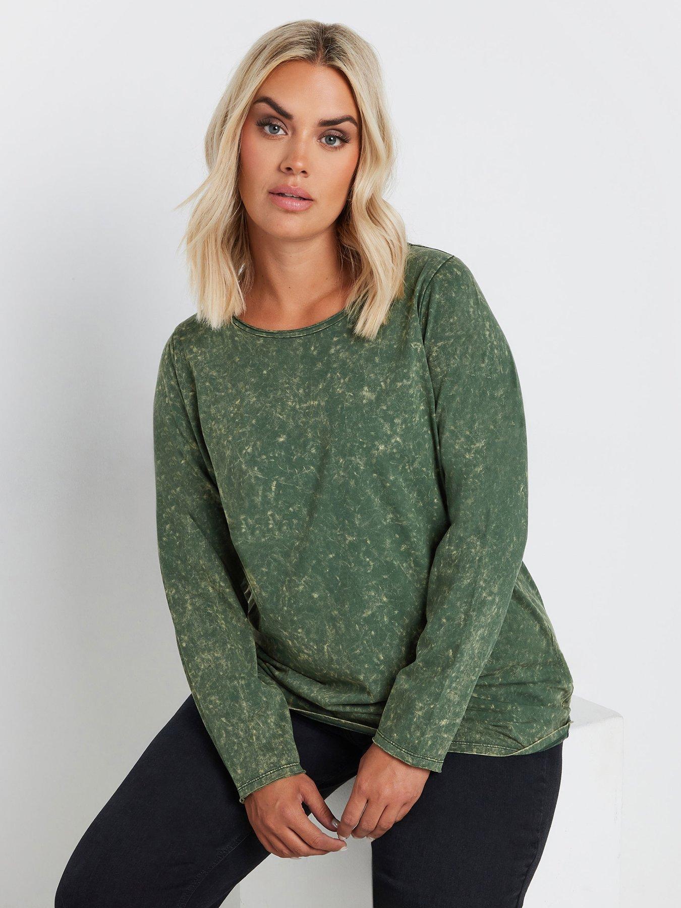 Image of Yours Curve Log Sleeve Acid Wash T-Shirt - Green