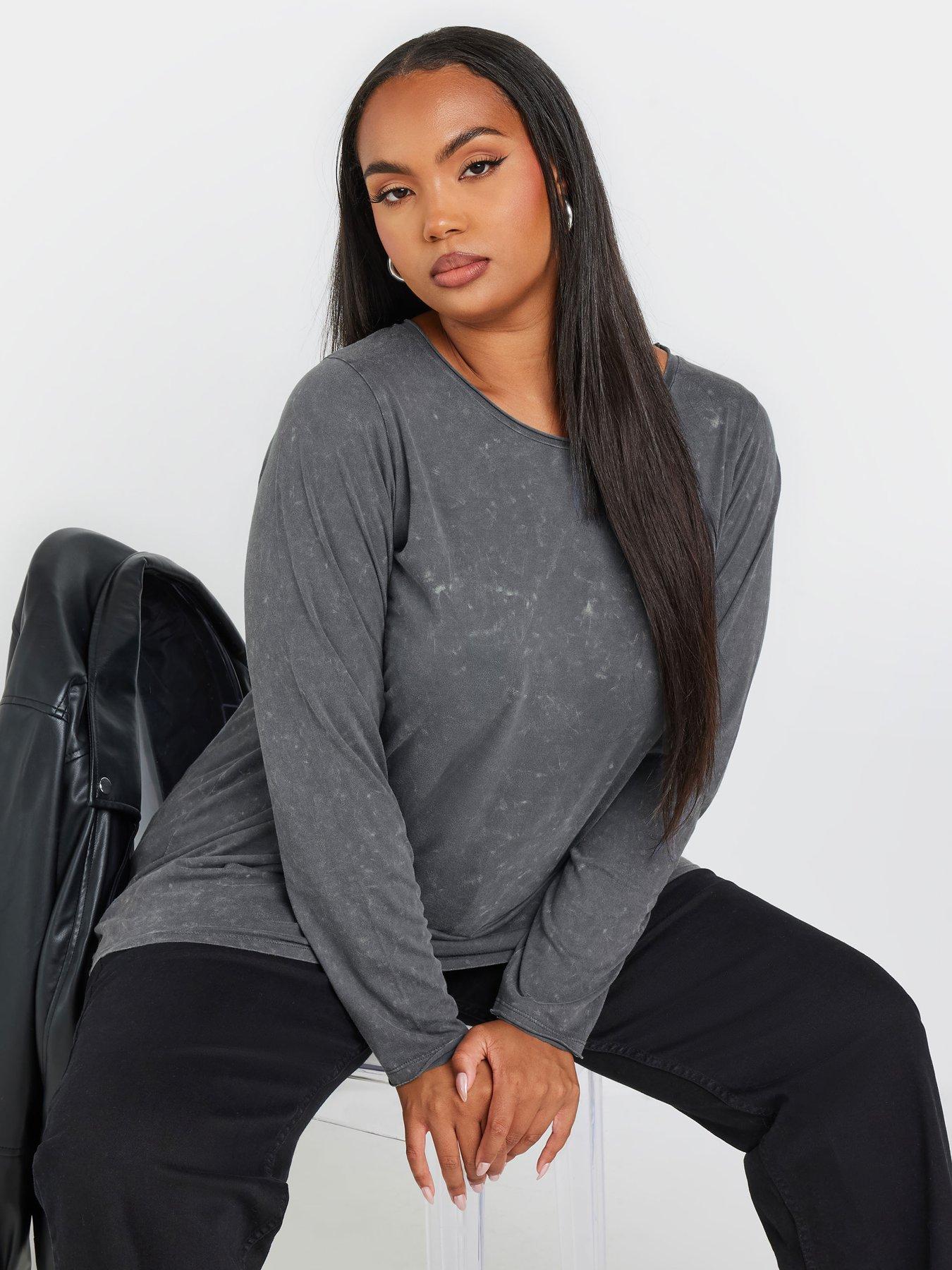 Image of Yours Curve Log Sleeve Acid Wash T-Shirt - Grey