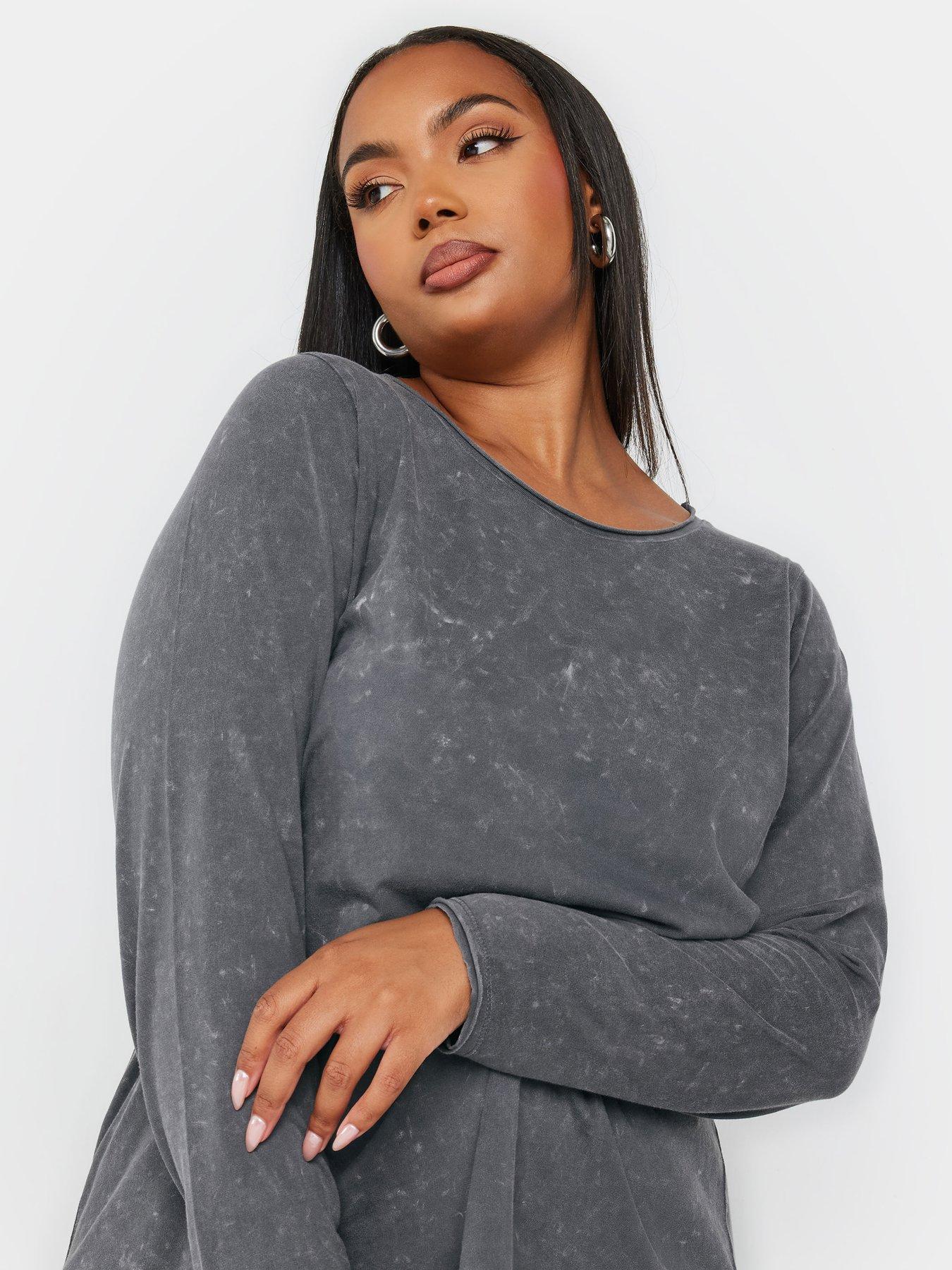 Image 4 of 4 of Yours Curve Log Sleeve Acid Wash T-Shirt - Grey