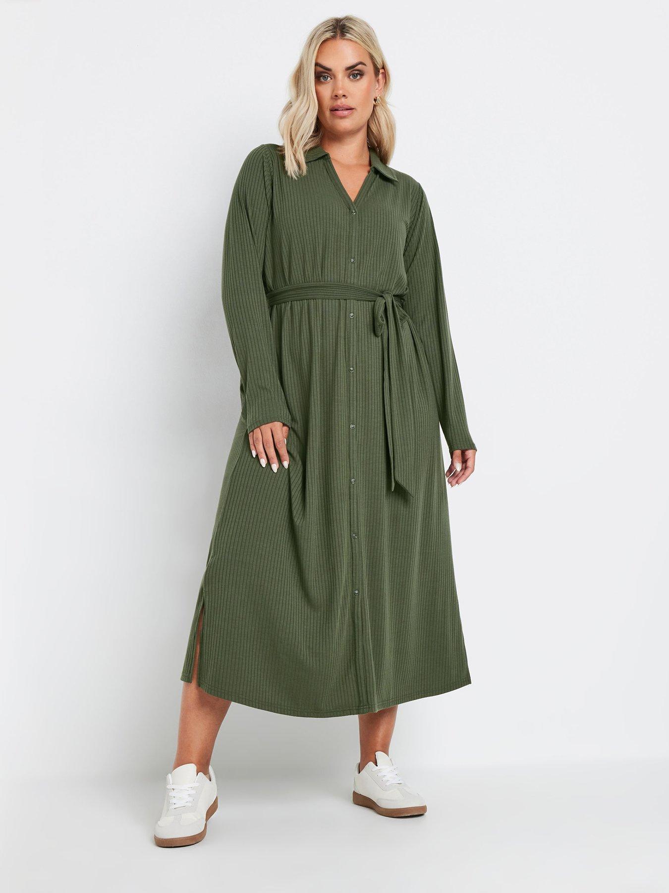 yours-curve-rib-button-front-aline-dress-green