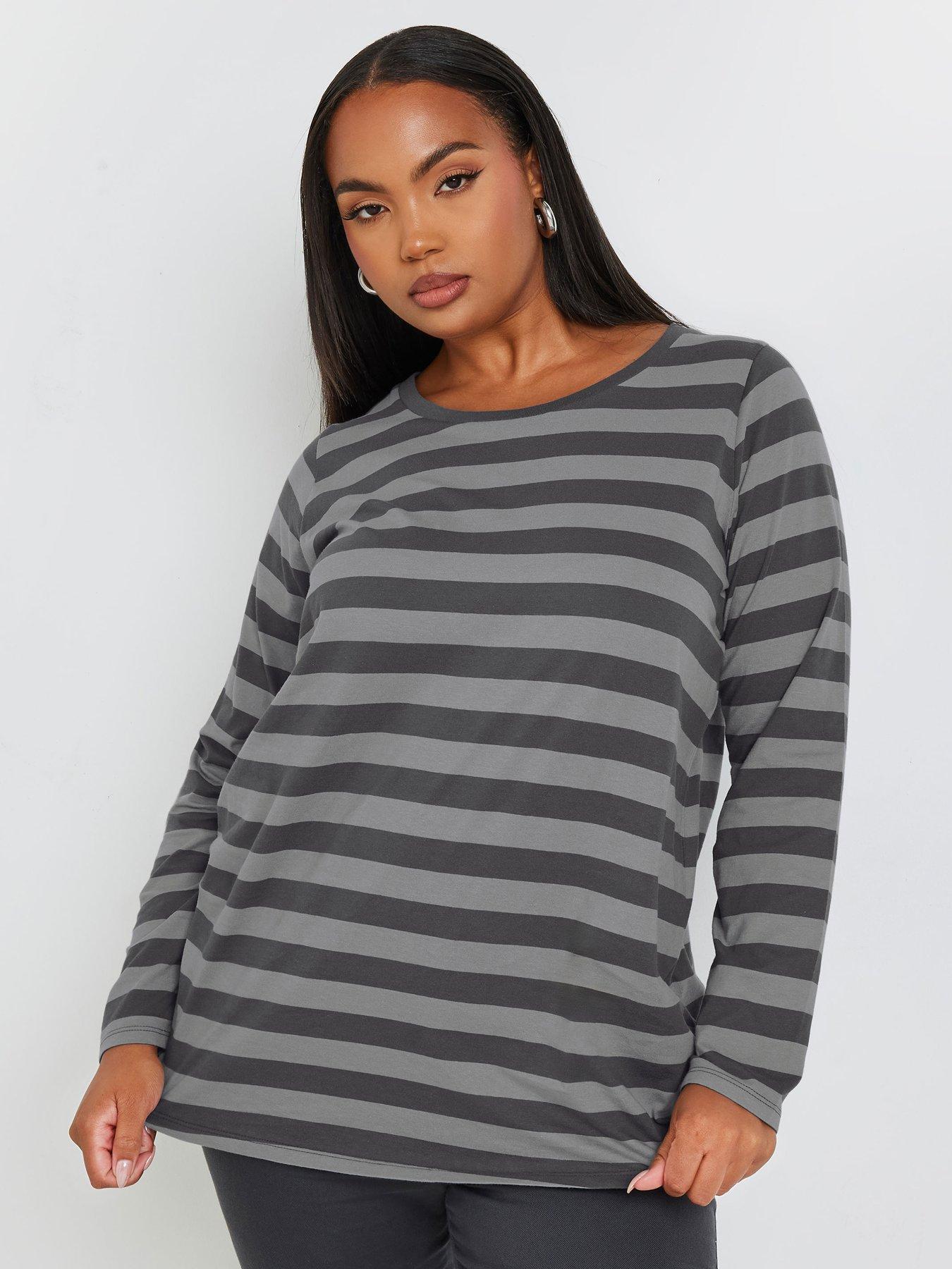 yours-curve-long-sleeve-stripe-basic-t-shirt-grey