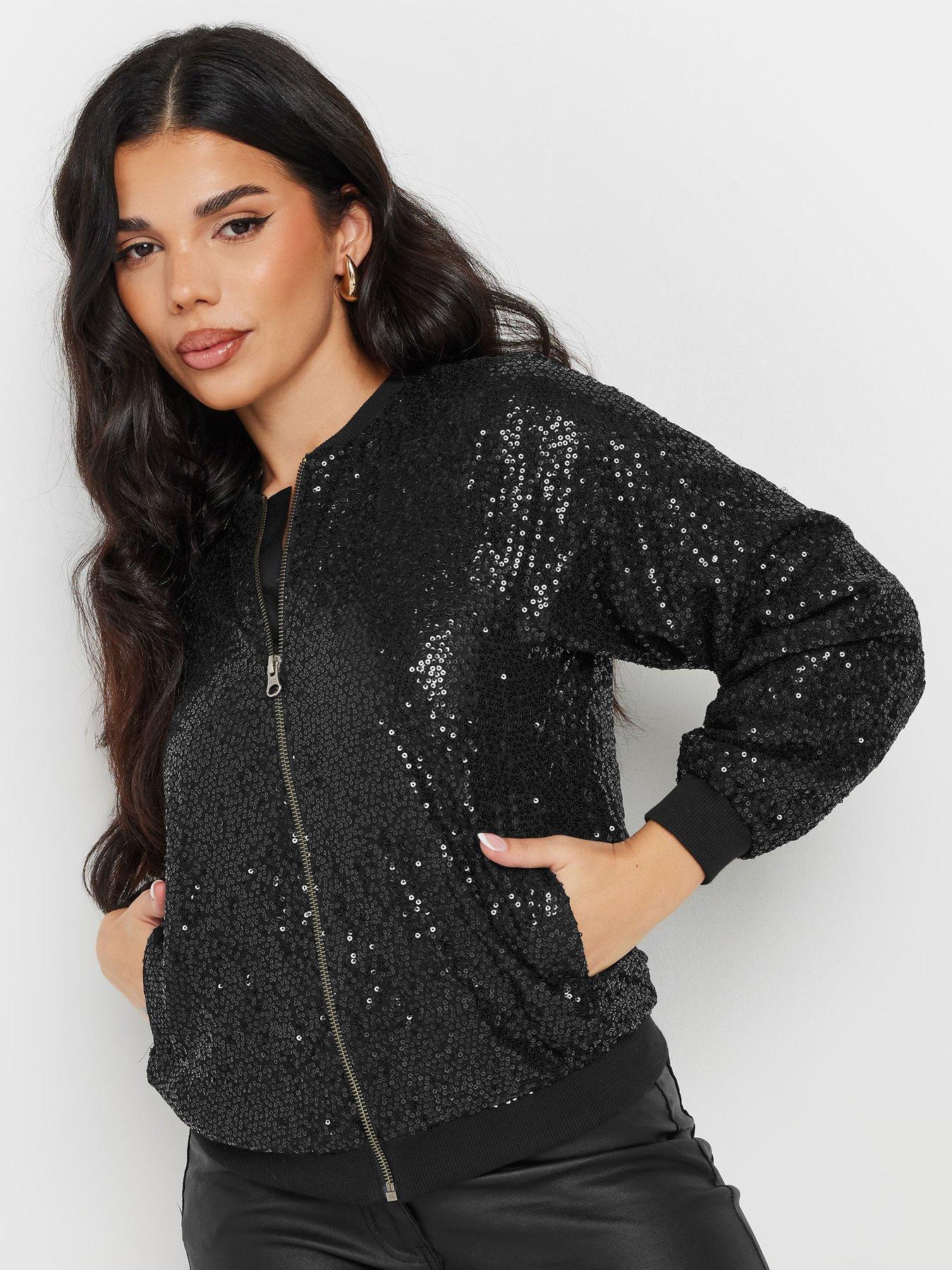 PixieGirl Petite Sequin Bomber Jacket - Black