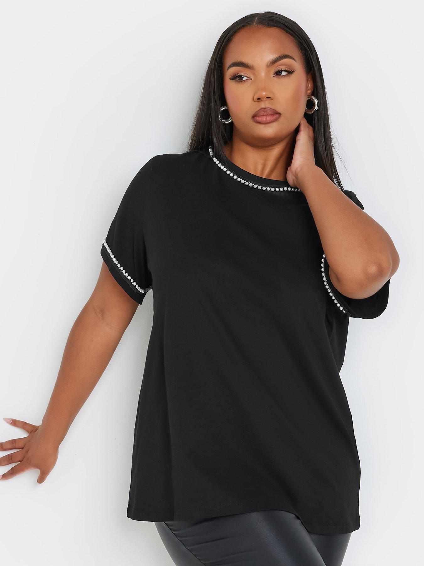 Yours Curve Pearl Trim T-Shirt - Black