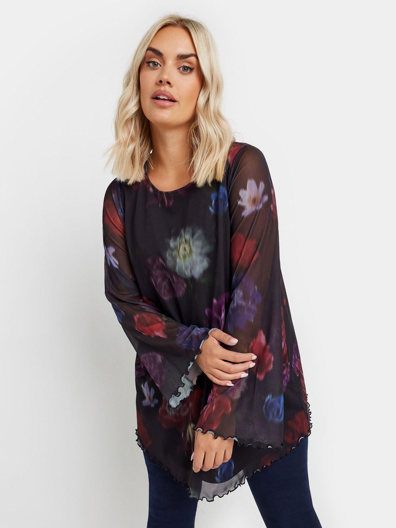 yours-curve-mesh-flute-sleeve-floral-top-black