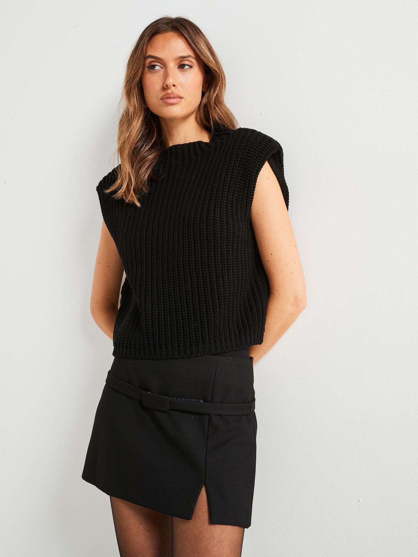 Image 1 of 6 of Mango Knitted Gilet With Shoulder Pads - Black