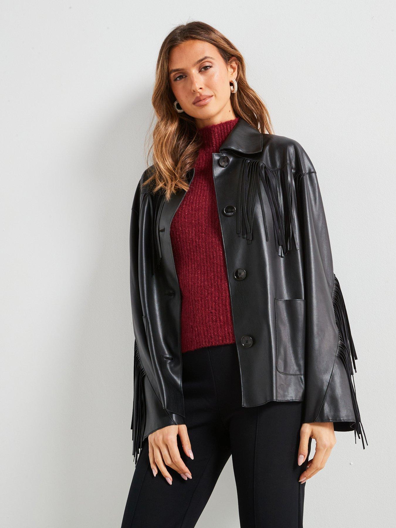 Image 1 of 6 of Mango Faux Leather Fringed Overshirt - Black