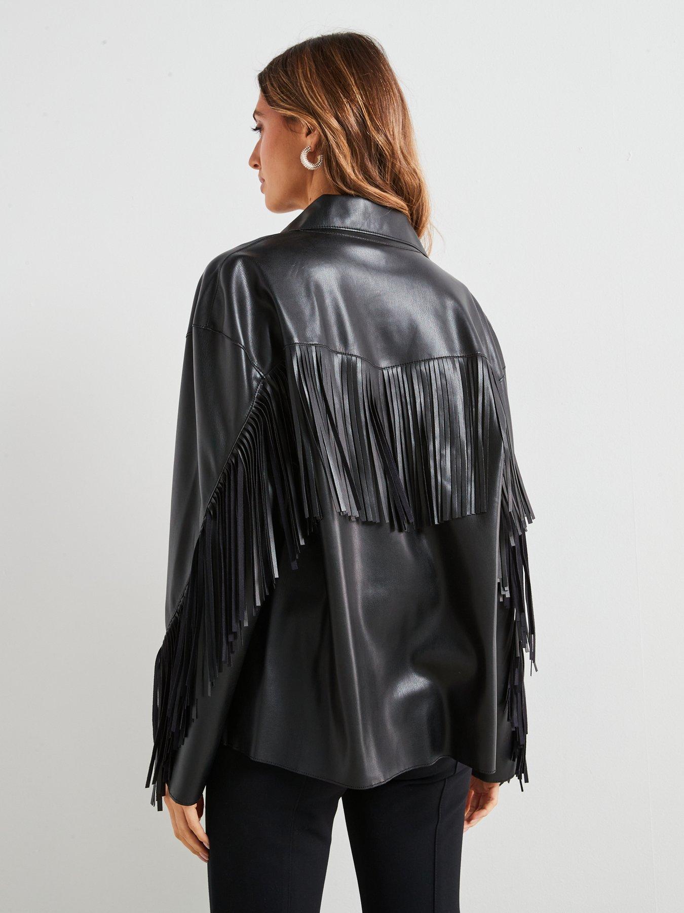 Image 2 of 6 of Mango Faux Leather Fringed Overshirt - Black