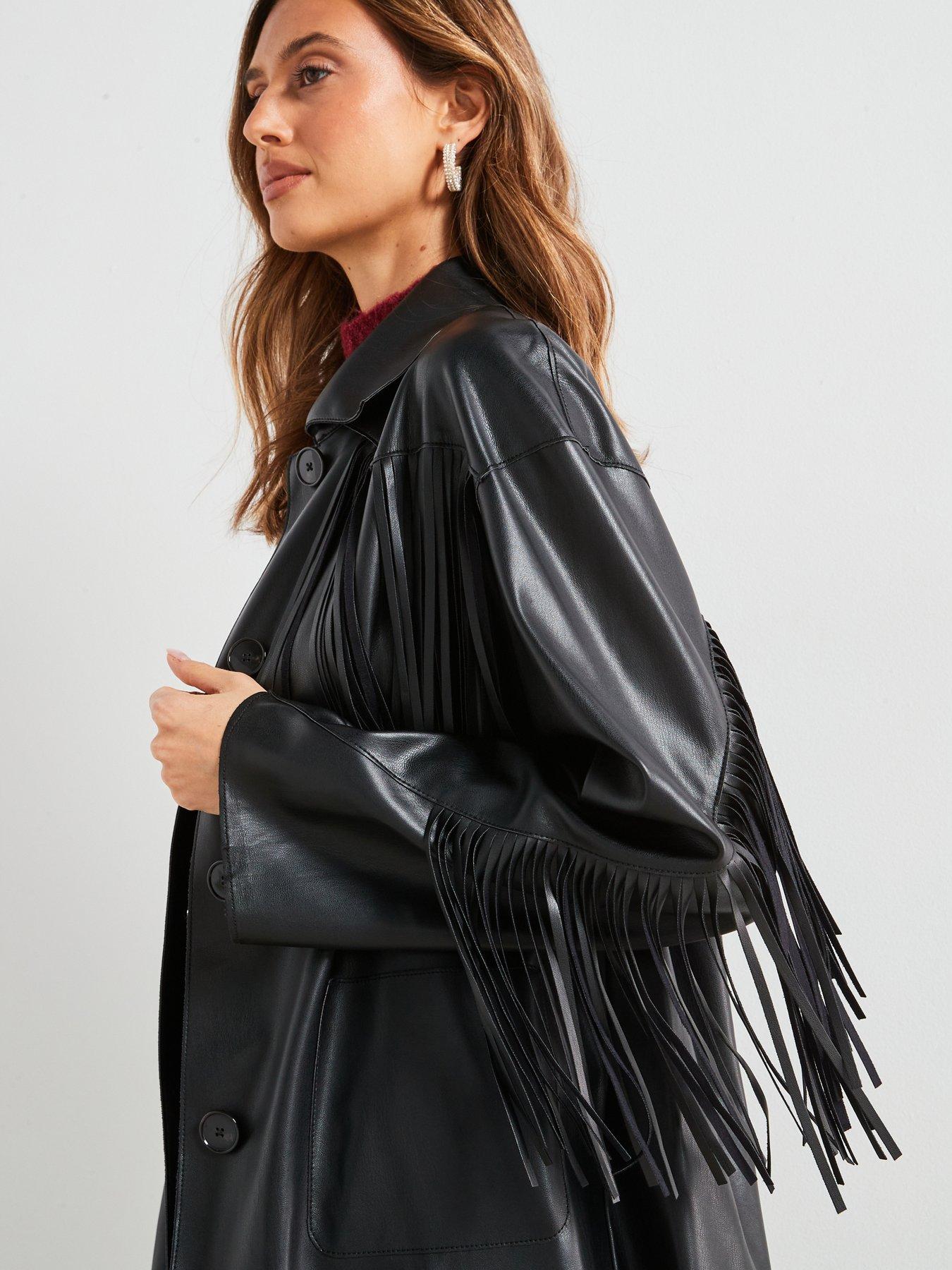 Image 5 of 6 of Mango Faux Leather Fringed Overshirt - Black