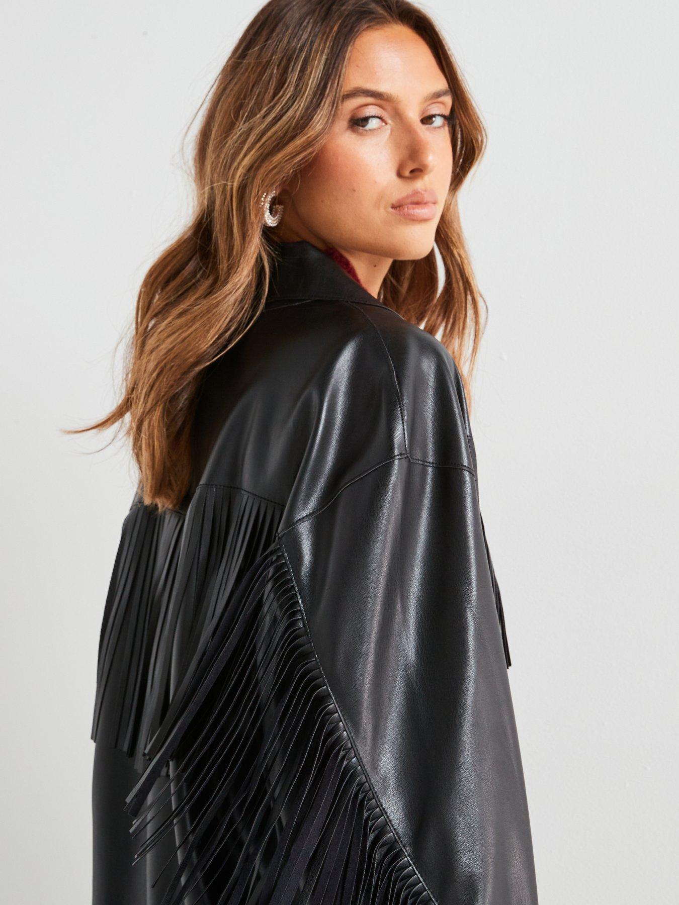 Image 6 of 6 of Mango Faux Leather Fringed Overshirt - Black