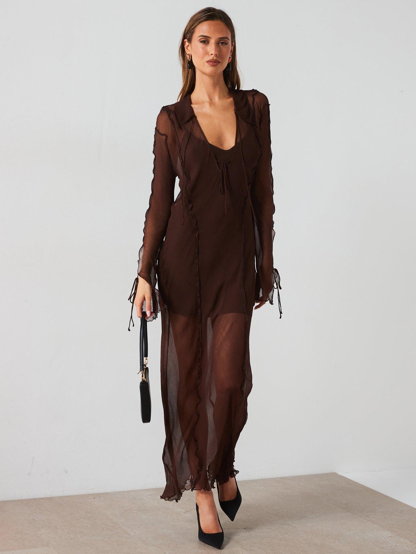 Mango Ruffle Chiffon Maxi Dress - Brown | Very Ireland