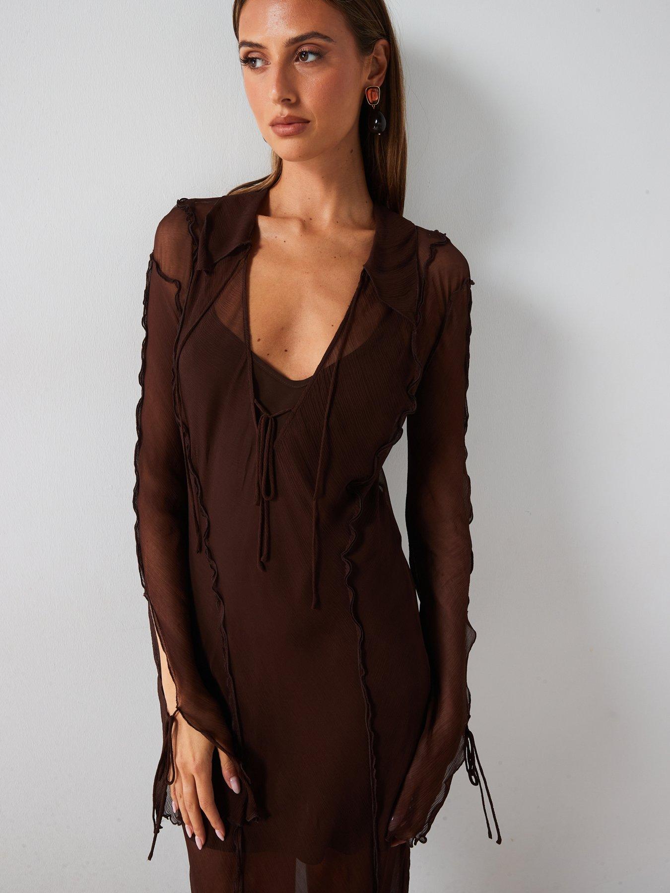 Mango Ruffle Chiffon Maxi Dress - Brown