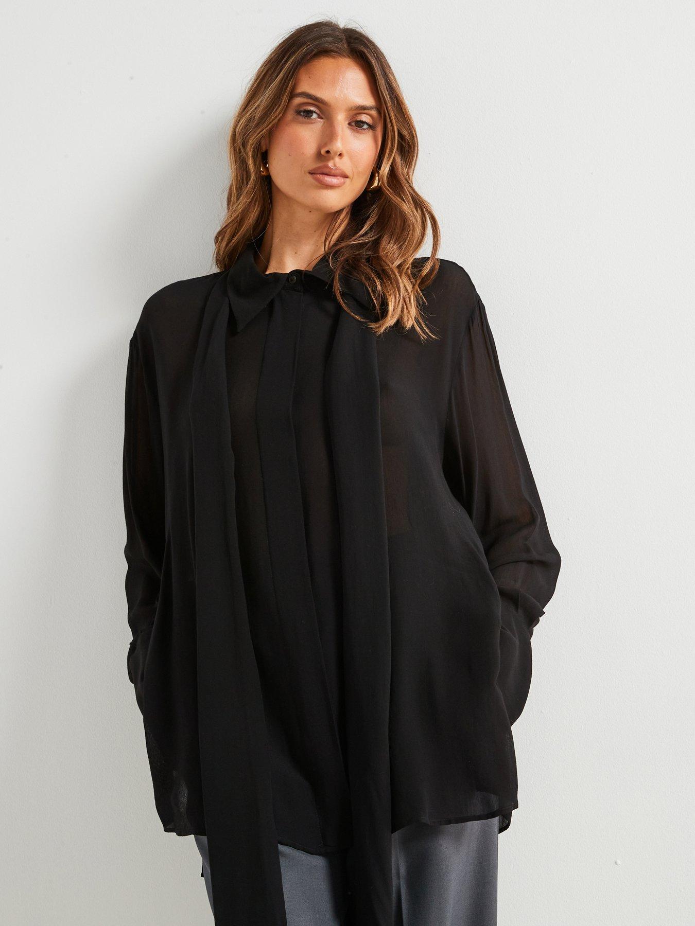 Image 1 of 6 of Mango Premium Chiffon Tie Neck Shirt - Black