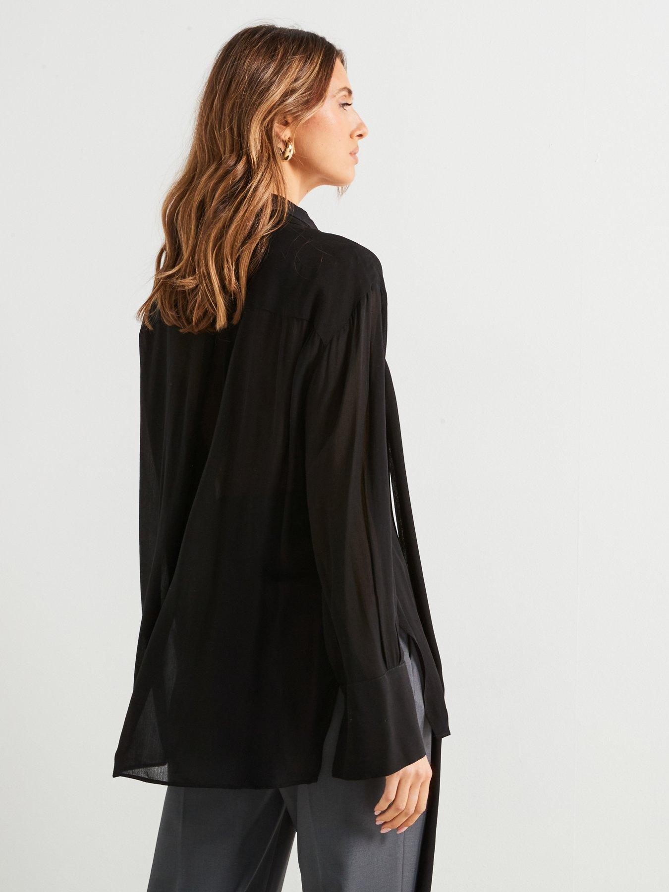 Image 2 of 6 of Mango Premium Chiffon Tie Neck Shirt - Black