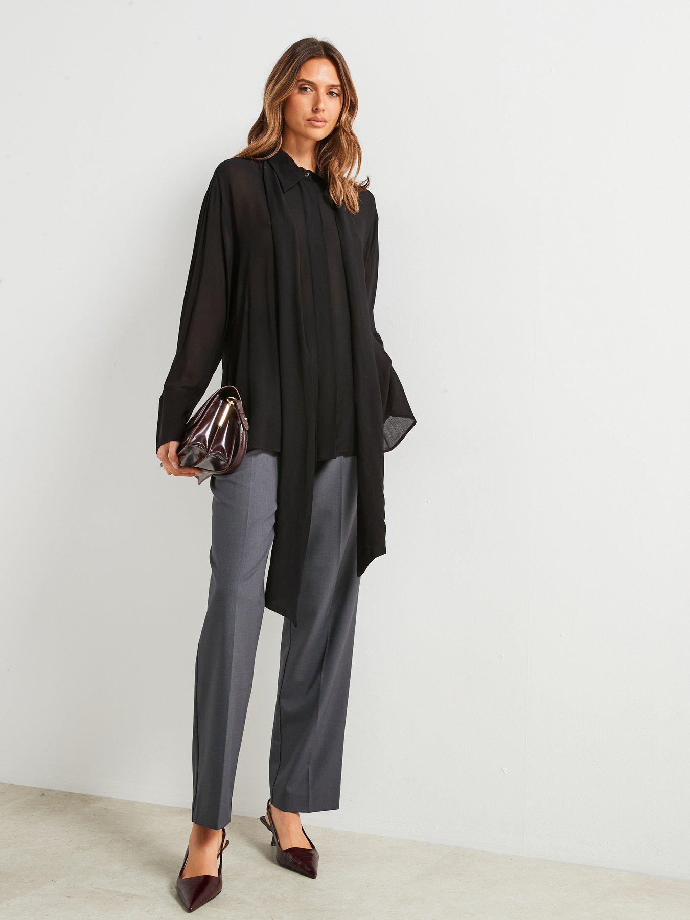 Image 3 of 6 of Mango Premium Chiffon Tie Neck Shirt - Black