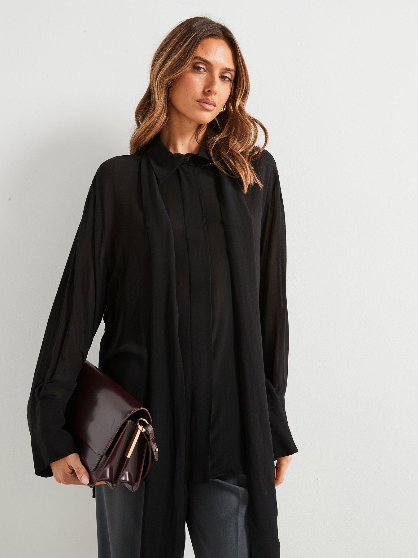 Image 4 of 6 of Mango Premium Chiffon Tie Neck Shirt - Black