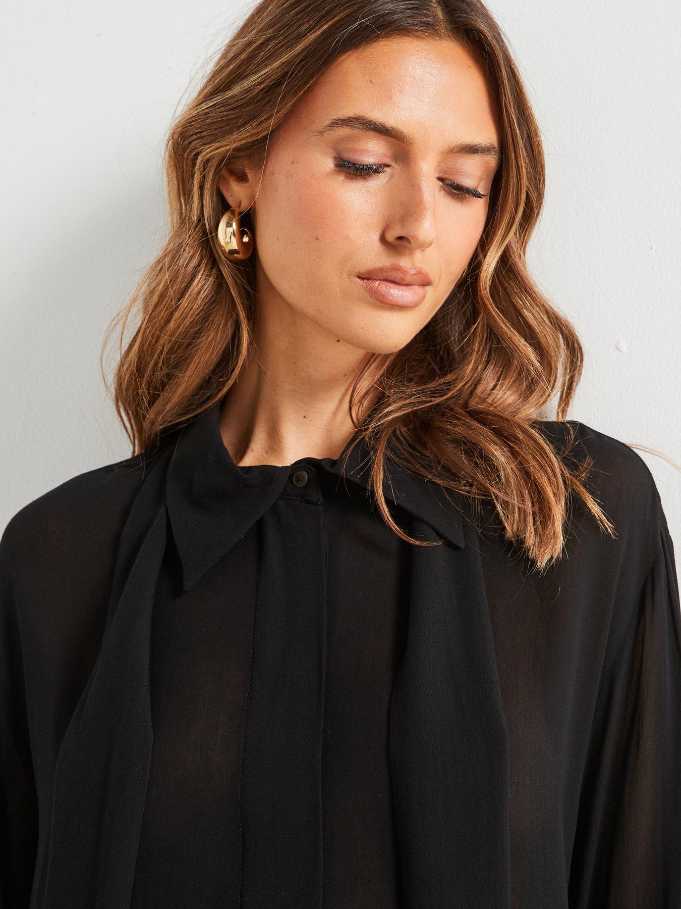 Image 6 of 6 of Mango Premium Chiffon Tie Neck Shirt - Black