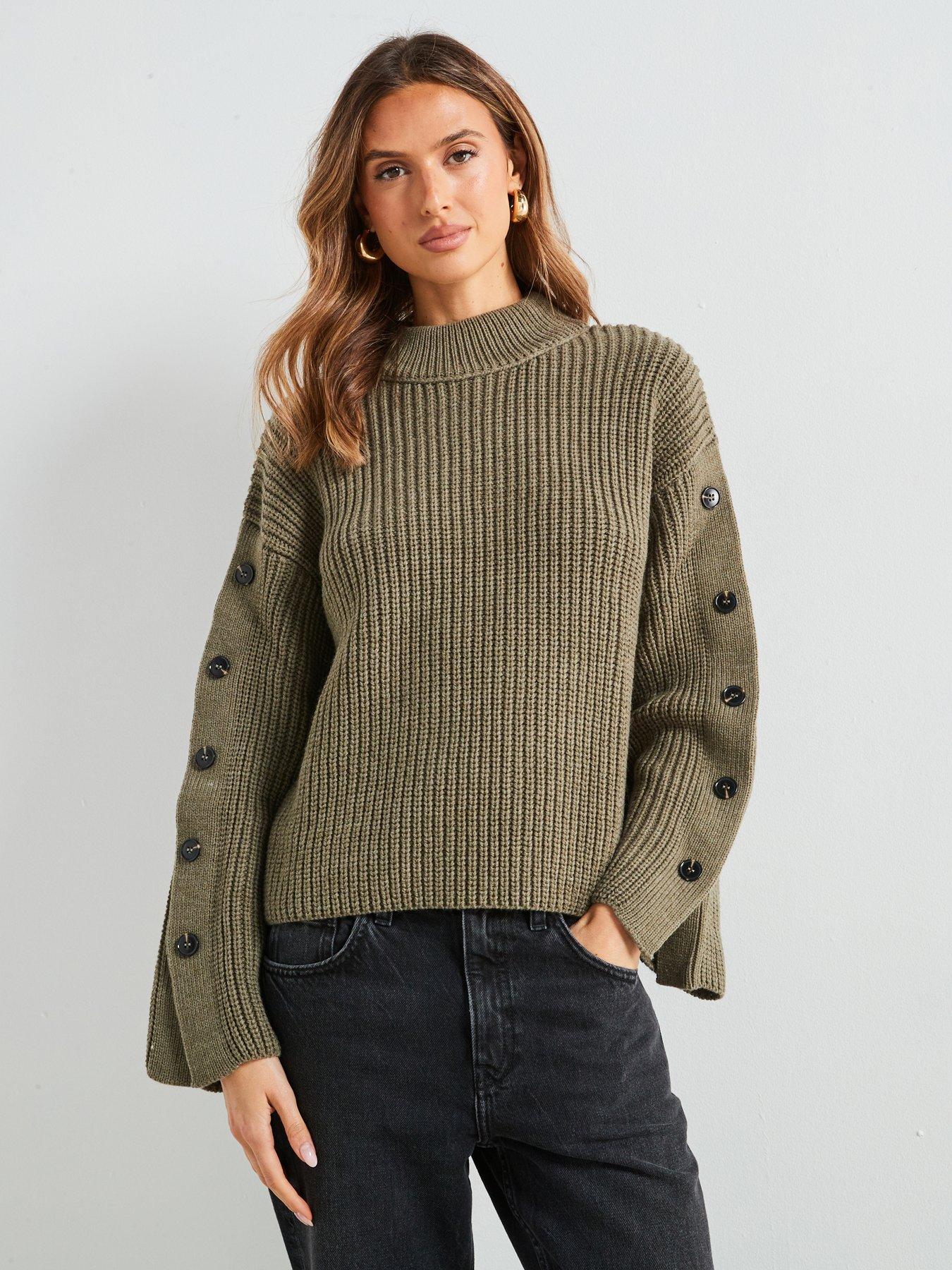 Image 1 of 6 of Mango Button Detail Knit Sweater - Green