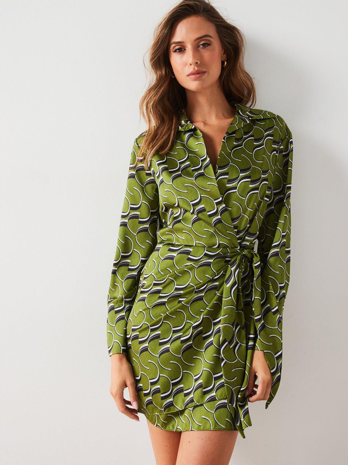 Mango Satin Wrap Dress - Green | Very Ireland