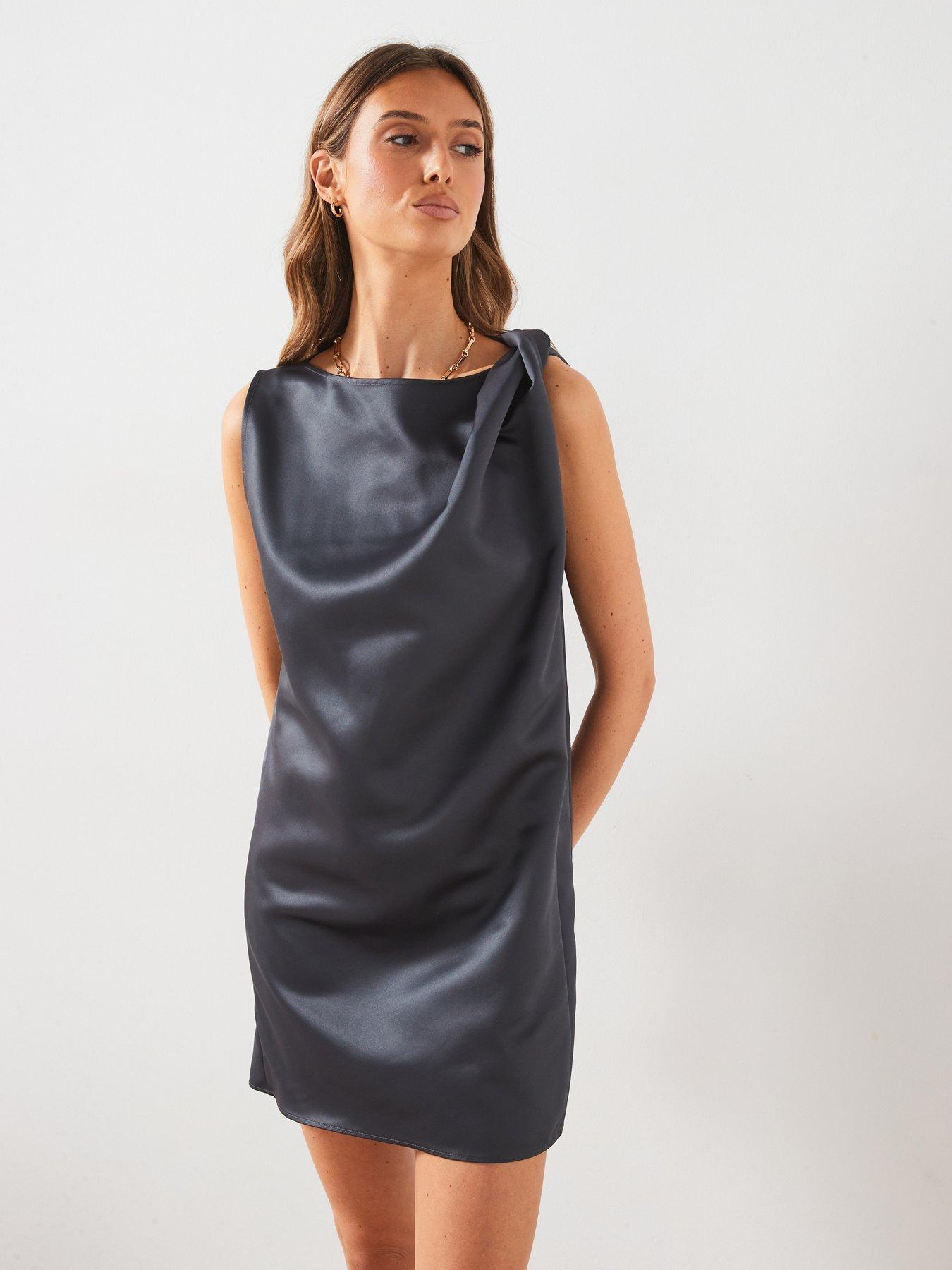 Image 1 of 5 of Mango Satin Dress With Knot Detail - Grey