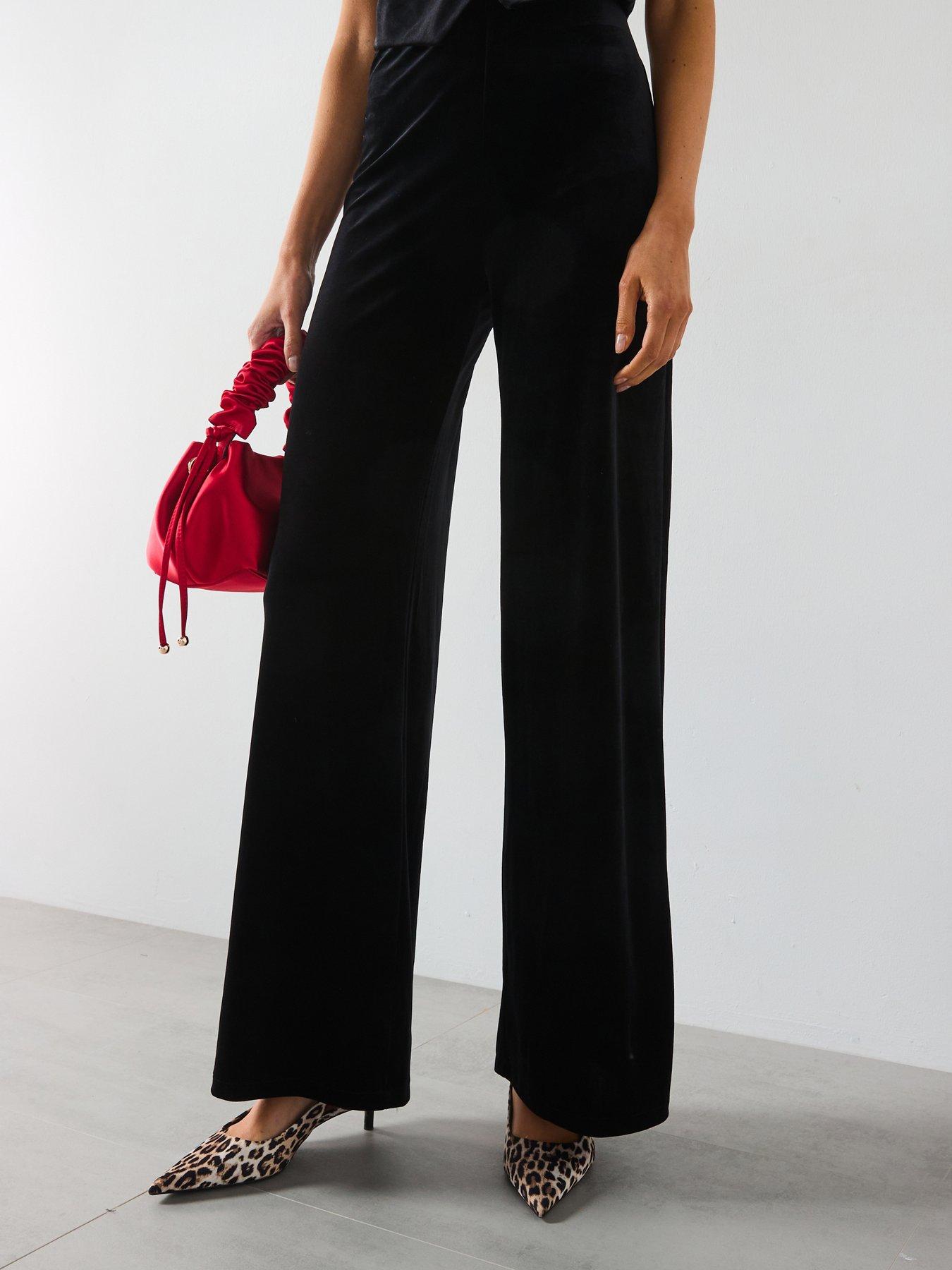 Image 1 of 6 of Mango Velvet Wide Leg Trousers - Black