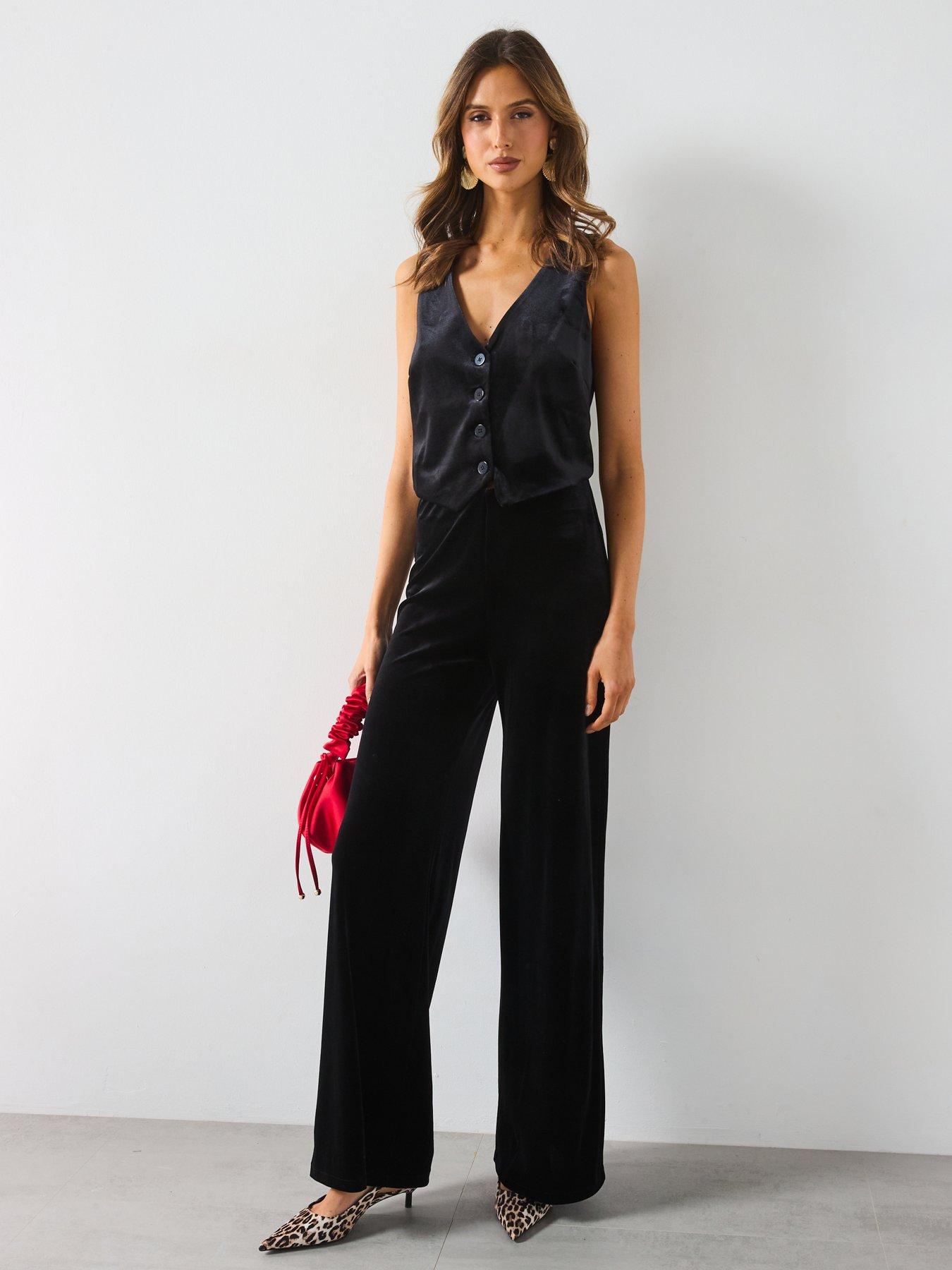 Image 3 of 6 of Mango Velvet Wide Leg Trousers - Black