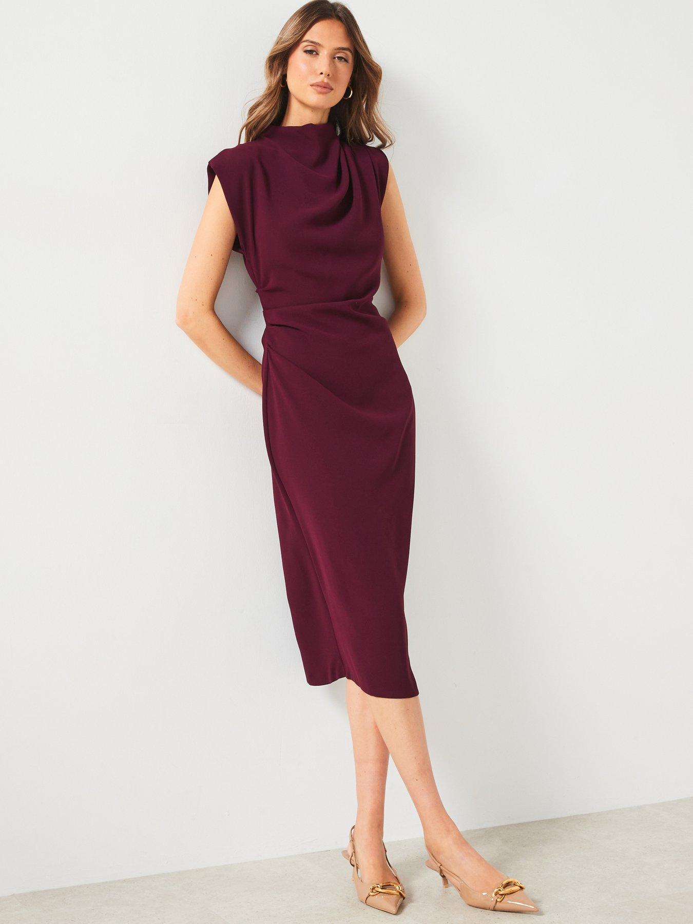 mango-ruched-draped-dress-maroon