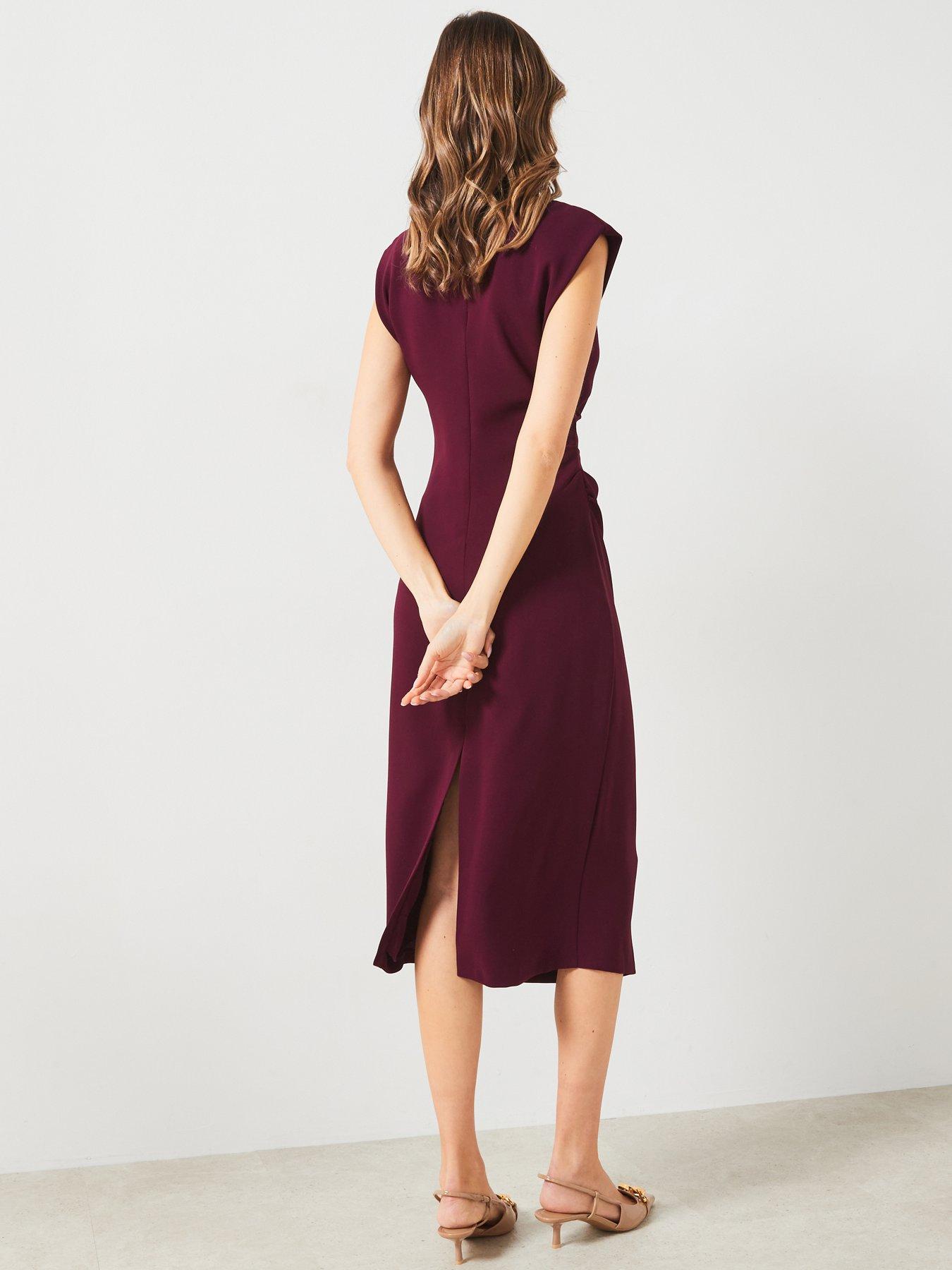 mango-ruched-draped-dress-maroonstillFront