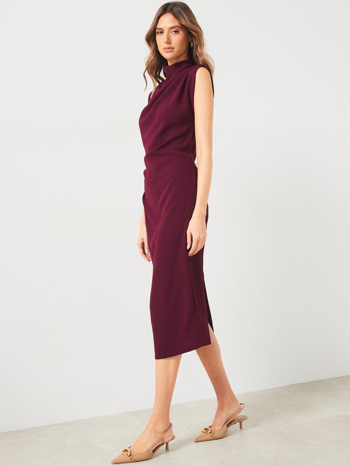 mango-ruched-draped-dress-maroonback