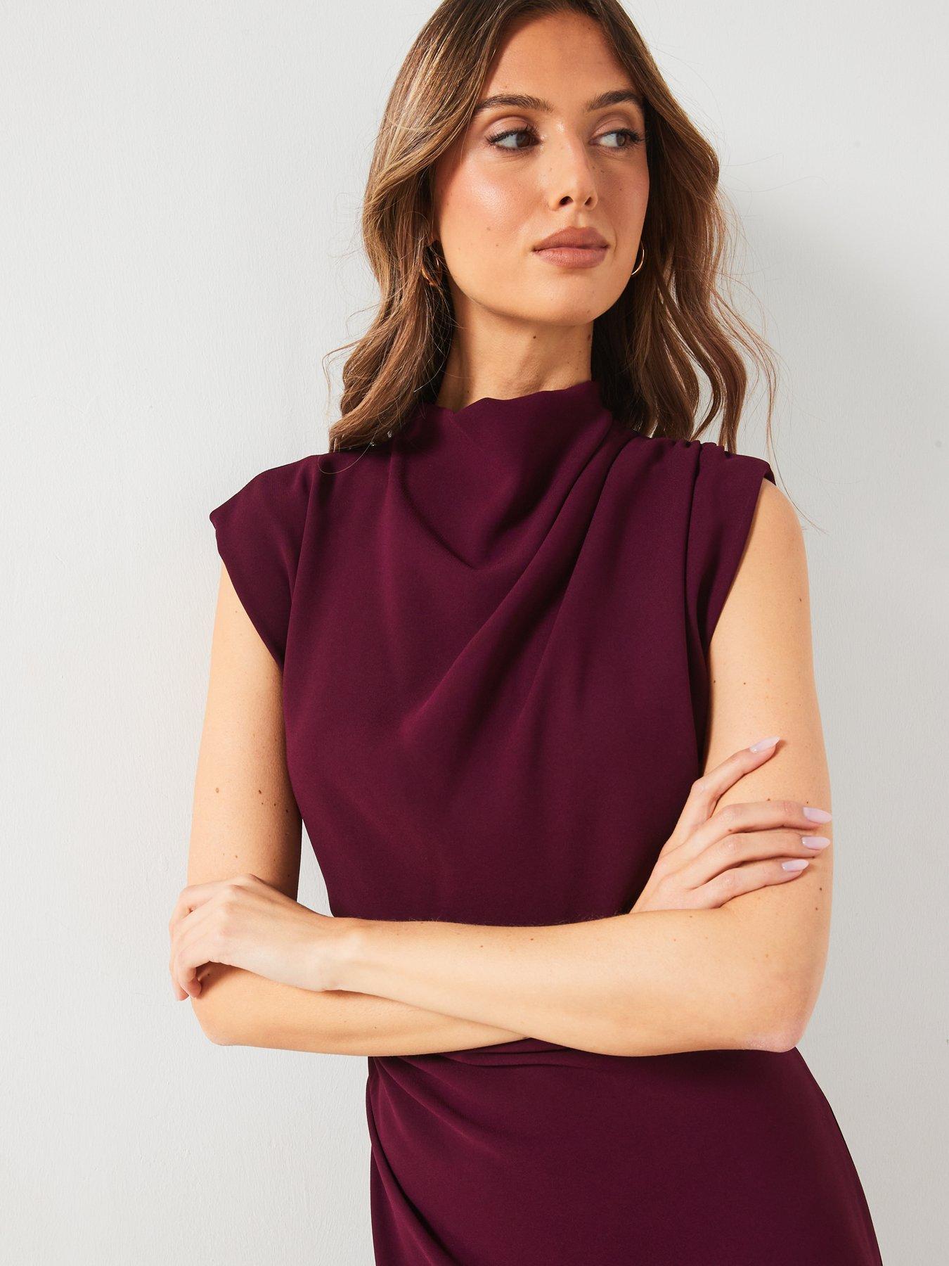 mango-ruched-draped-dress-maroonoutfit