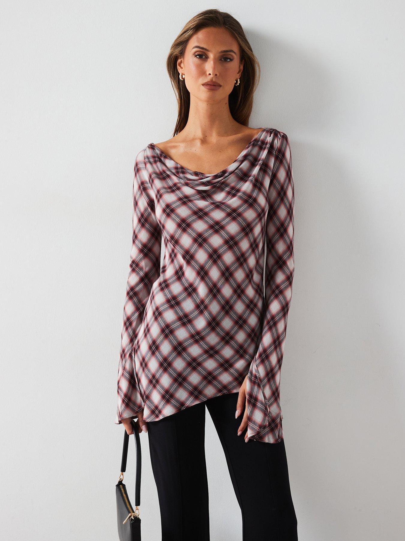 mango-asymmetric-neck-check-blouse-grey