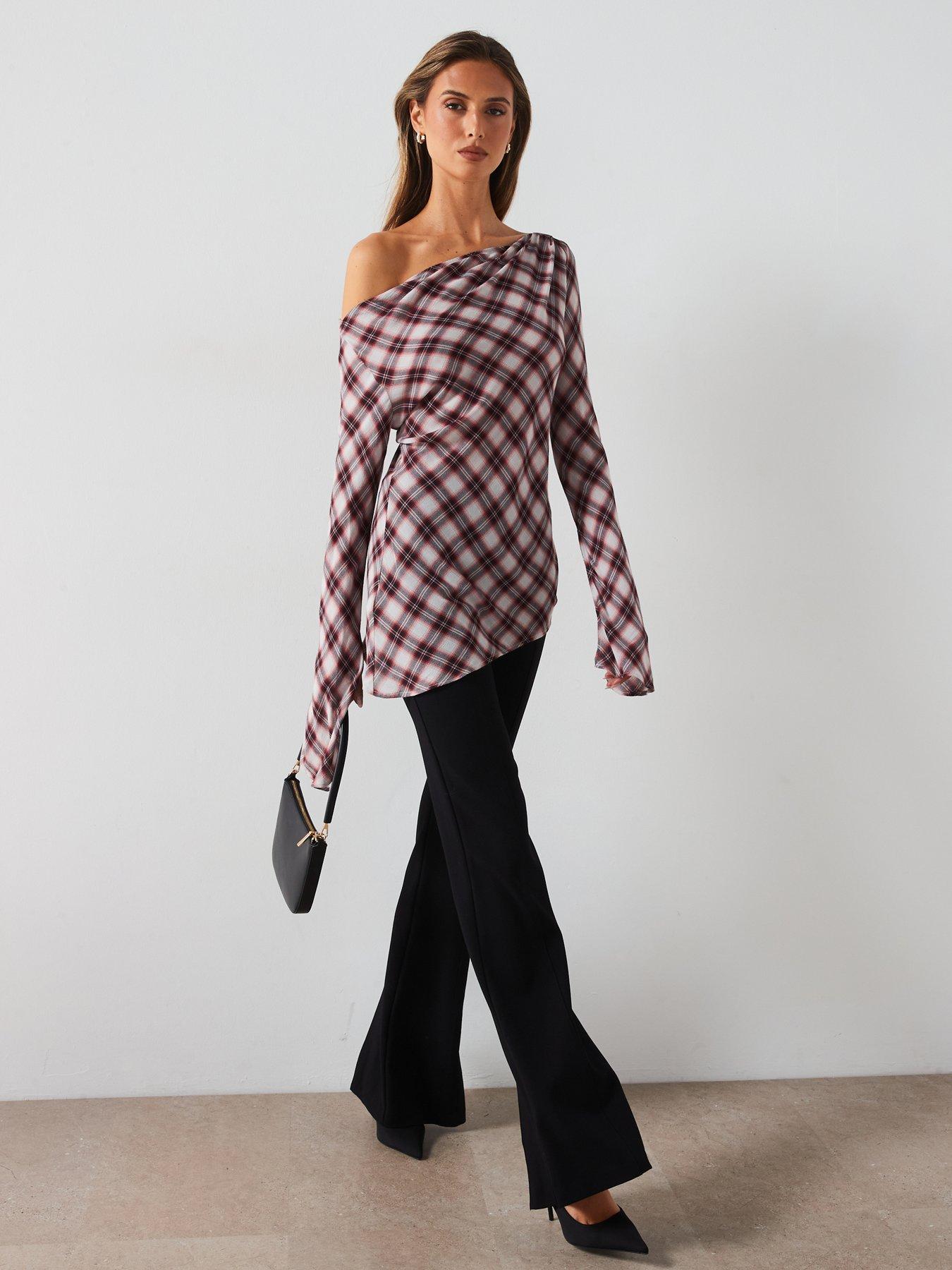 mango-asymmetric-neck-check-blouse-greyback