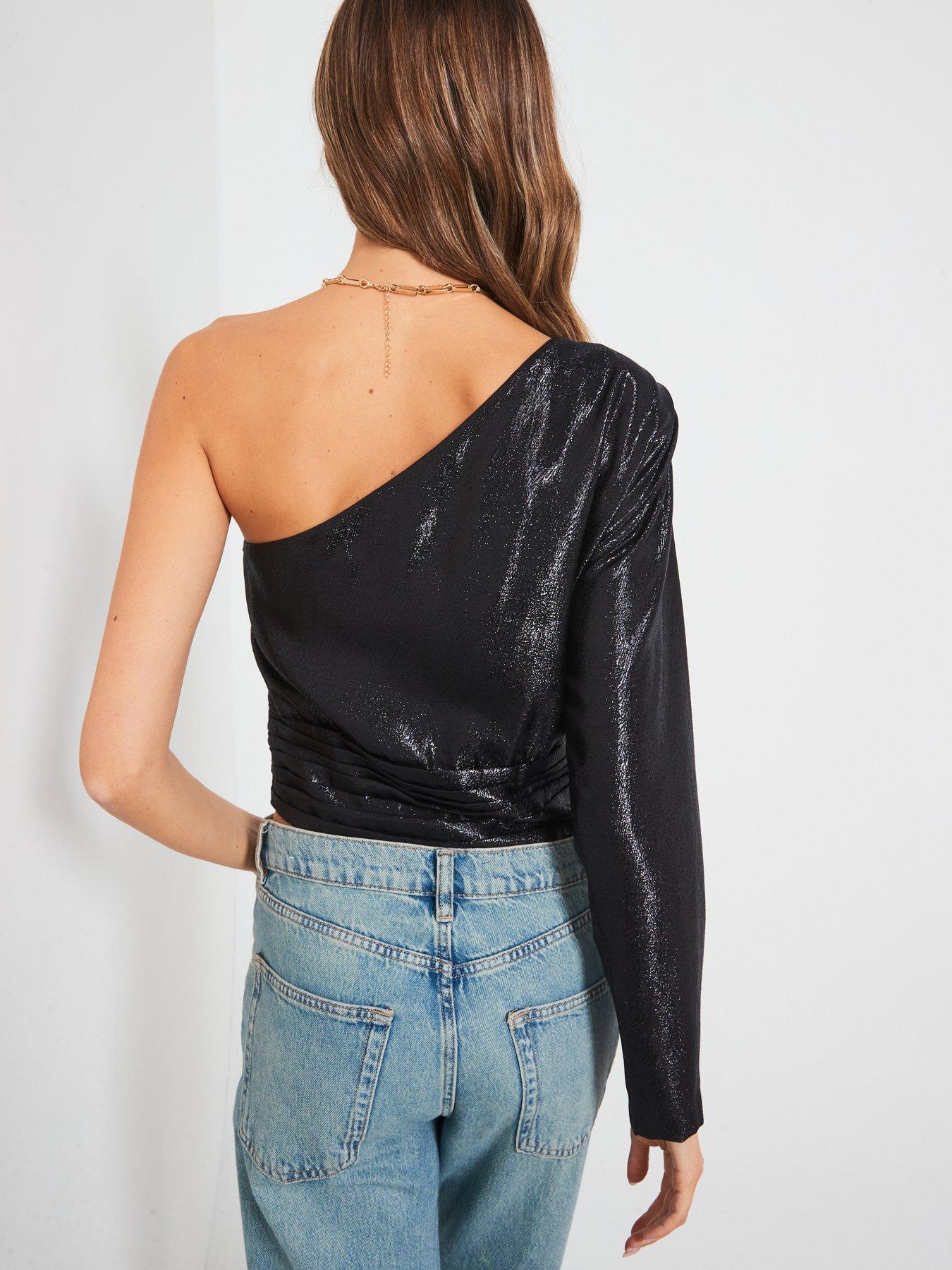 mango-one-shoulder-shimmer-blouse-blackstillFront