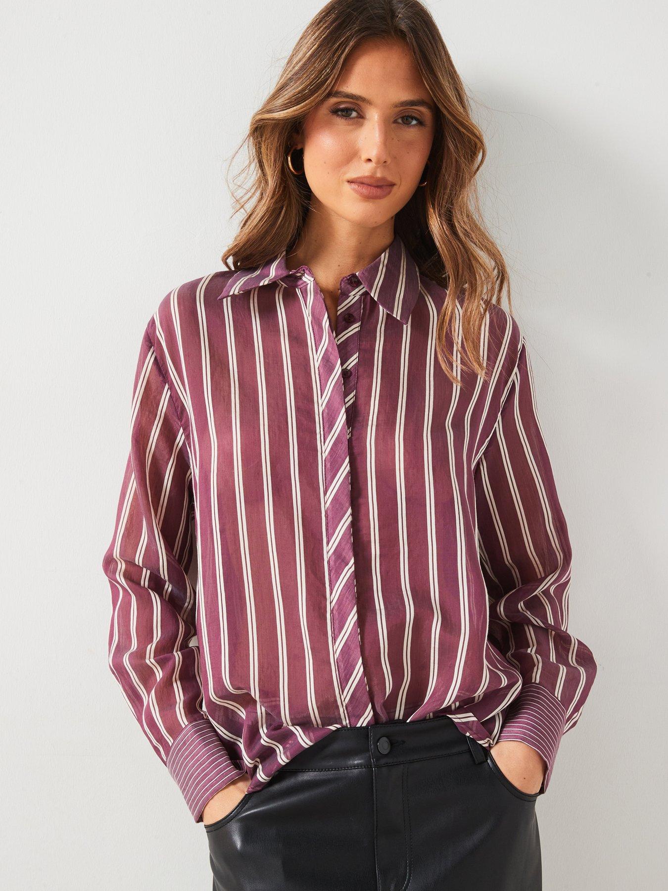 Image 1 of 6 of Mango Burgandy Striped Shirt - Red